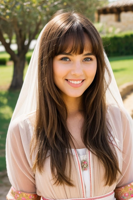 a close up photo of a 22 year old revealing-her-beauty mediteranian woman with pleasant smile, asymmetrical bangs, long_hair, narrow waist, glowing moist skin, award-winning makeup, blush, charming eyes in  delicate colorful ancient traditional  clothes at a village. Charming pose.  cinematic light, film still, ultra detailed, realistic.  Farm, village, hill scenery.