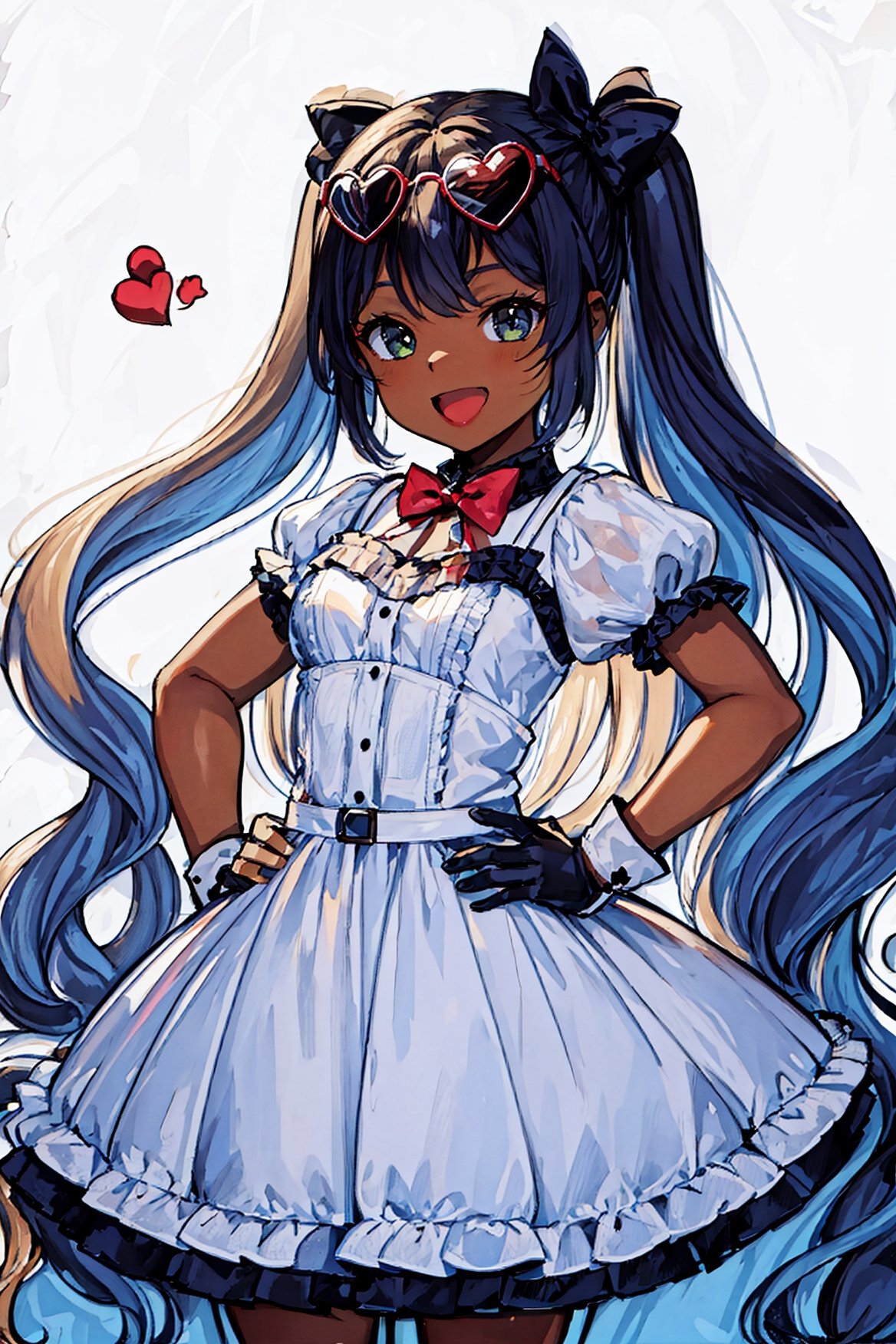 (masterpiece, 4k, best quality), 1girl, (dark skin), solo, puffy short sleeves, dress, twintails, gloves, smile, hair bow, hands on hips, very long hair, bow, white background, :d, sunglasses, eyewear on head, heart, bangs, open mouth, looking at viewer, frills, frilled dress, pleated dress, small breasts