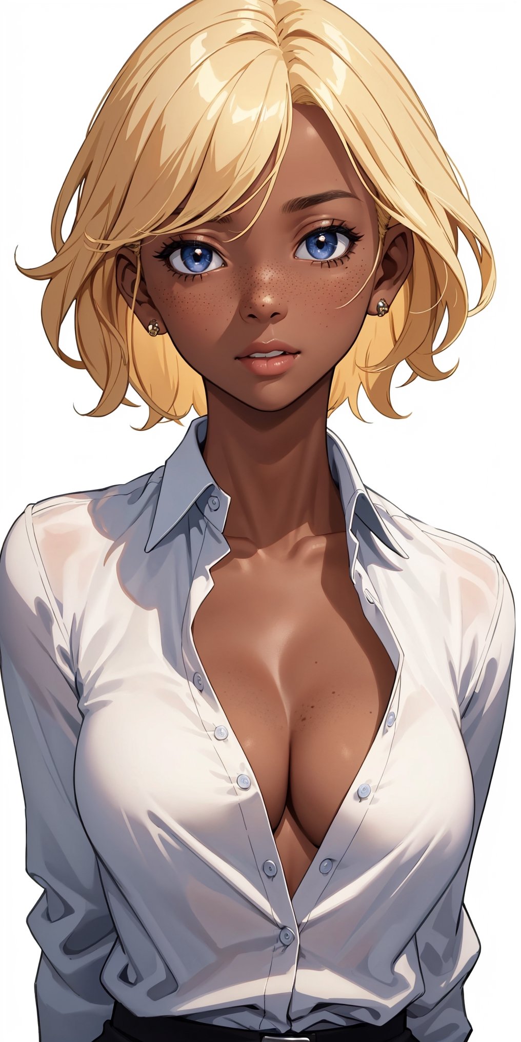 (masterpiece, 4k, best quality), 1girl, (dark skin), short hair, blonde hair, unbuttoned shirt, long sleeves, cleavage, freckles, upper body portrait, detailed, front view, white background