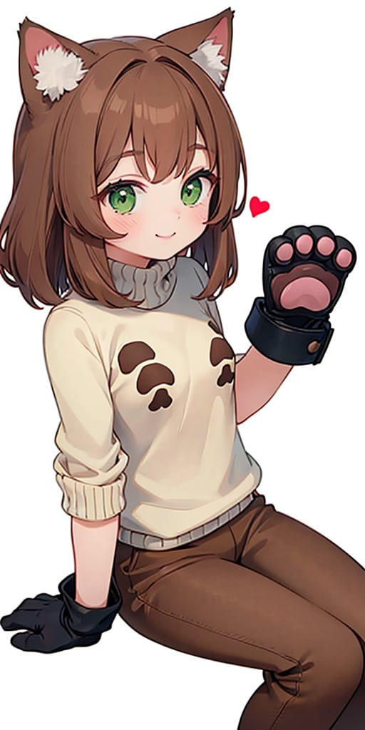 (masterpiece, 4k, best quality), 1girl, brown sweater, brown homepants, cat ears, cat paws, gloves paw print, cat gloves, blush, brown hair, ruffled hair, green eyes, smile, sitting, small breasts, white background
