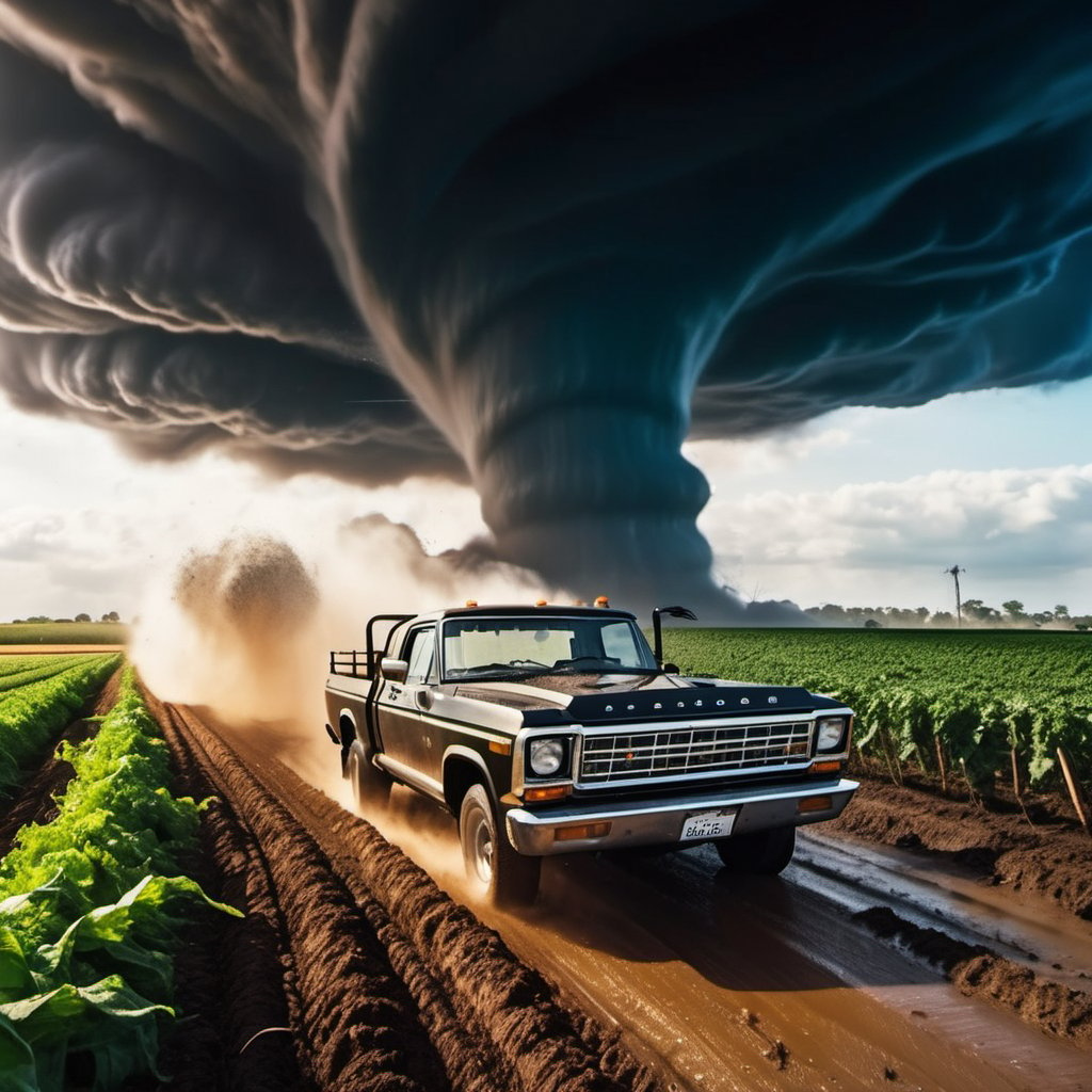 (((farmer car are running away form a black giant tornado))), ((perfect anatomy)), (detailed background), high_resolution, ((masterpiece)), cinematic photo raw photo 4k gopro4 shot, ultra detailed, realistic, photo realistic, professional photo shooting, highly detailed, ((overcast sky)), strong wind, flying debris, debris scatter around, action scene, epic angle shot, Hollywood style,