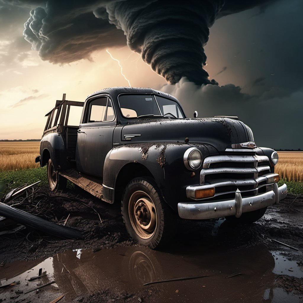 (((old broken farmer car are running away form a black giant tornado))), ((perfect anatomy)), (detailed background), high_resolution, ((masterpiece)), cinematic photo raw photo 4k gopro4 shot, ultra detailed, realistic, photo realistic, professional photo shooting, highly detailed, ((overcast sky)), strong wind, flying debris, flying small piece of glass scatter around, A dramatic scene, epic angle shot, masterpiece, realistic, highres, night_sky, Hollywood style,