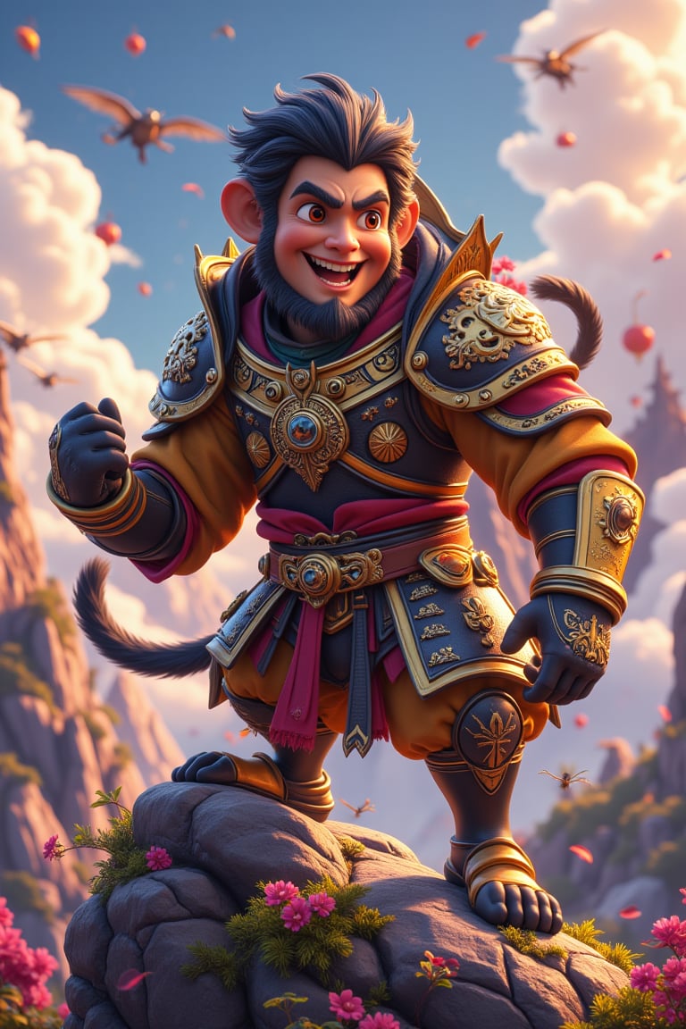 3d vibrant cartoon art ilustration, featuring wukong, human-with monkey fur, wear his iconic armoured suit black and gold ancient chinese armoured suit with touch of futuristic style, in action pose, at top of mountain. cartoon art,FluxBoost,Wukong