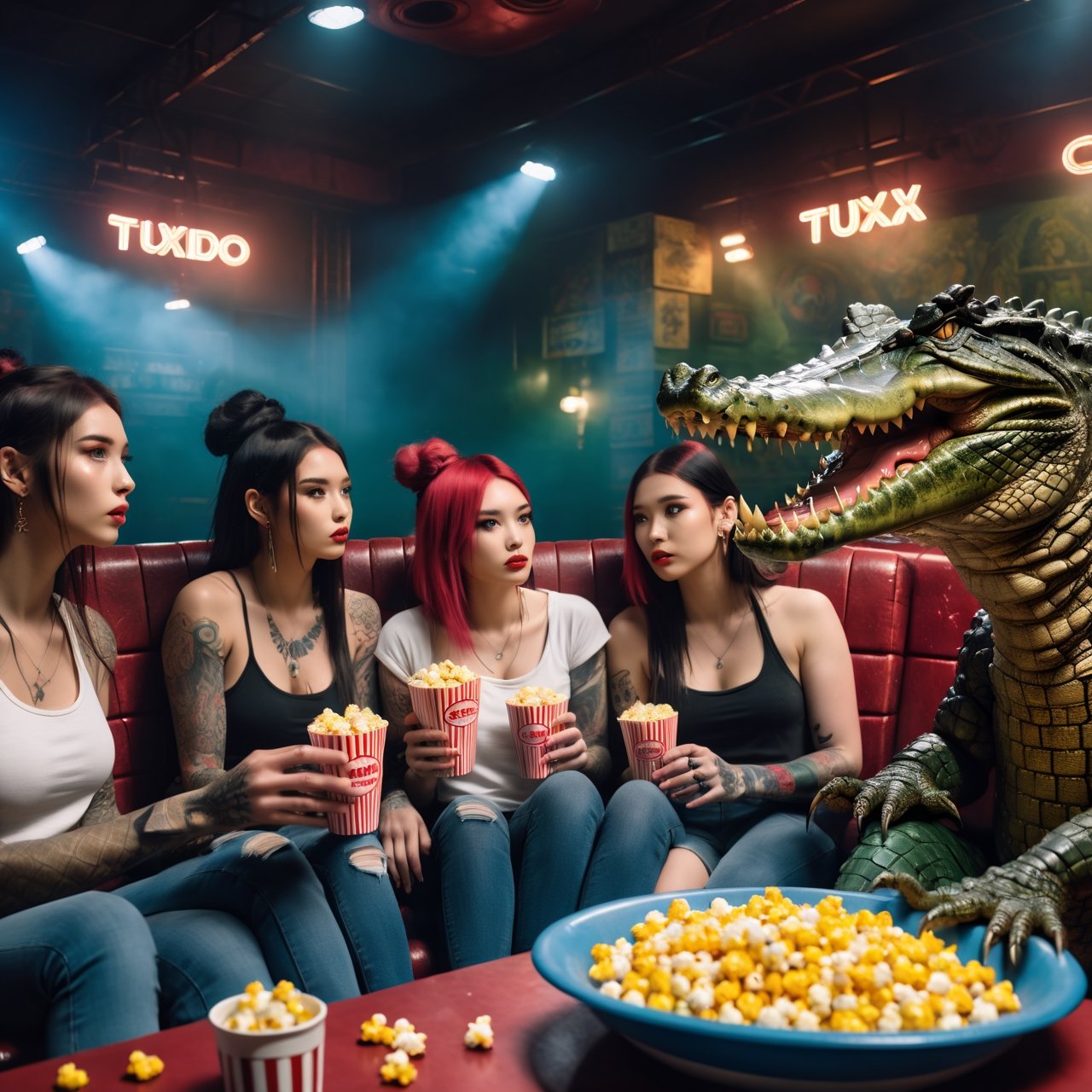 wide_shot, cinematic, ultra high definition, hyper realistic, high detailed, 8K, (masterpiece, best quality), 1 man, 4 girls, a (((humanoid crocodile body, wearing tuxido))), and (4 sexy tattooed girls), watching a movie, in the cinema, while eating popcorn, together, having fun, realhands, four fingers, milokk,
