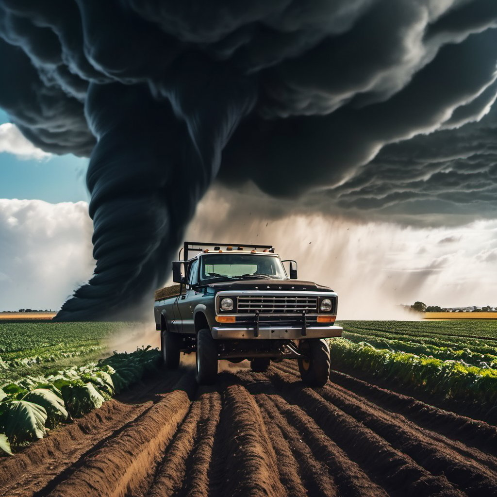 (((farmer car are running away form a black giant tornado))), ((perfect anatomy)), (detailed background), high_resolution, ((masterpiece)), cinematic photo raw photo 4k gopro4 shot, ultra detailed, realistic, photo realistic, professional photo shooting, highly detailed, ((overcast sky)), strong wind, flying debris, debris scatter around, action scene, Hollywood style,