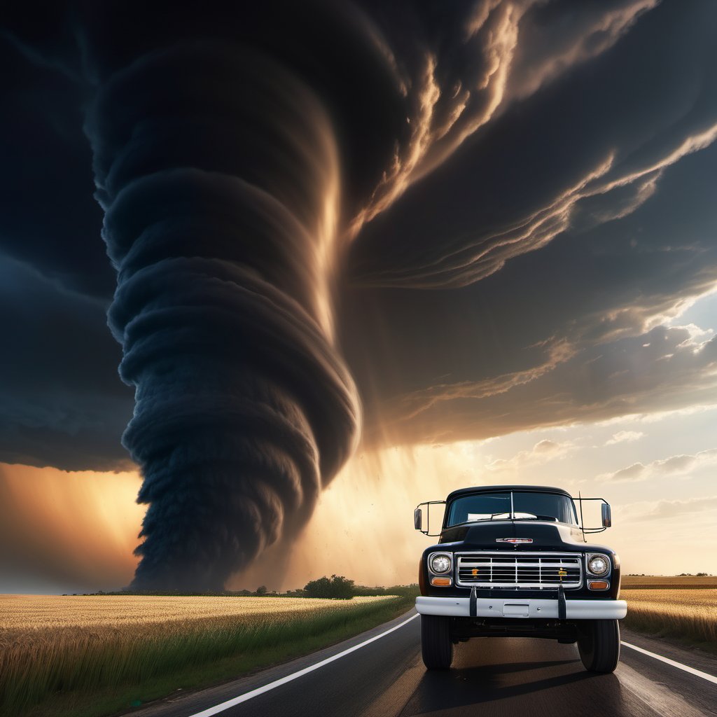 (((the broken farmers car speeding down the winding road escapes from a giant black tornado))), ((perfect anatomy)), (detailed background), high_resolution, ((masterpiece)), cinematic photo raw photo 4k gopro4 shot, ultra detailed, realistic, photo realistic, professional photo shooting, highly detailed, ((overcast sky)), strong wind, flying debris, flying small piece of glass scatter around, A dramatic scene, masterpiece, realistic, highres, dark, night_sky, Hollywood style,