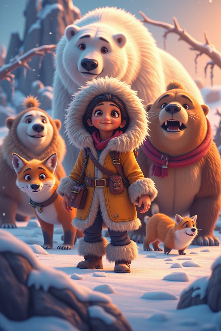 A warm golden light casts a mystical glow on the snowy landscape as the Arctic Explorer, dressed in thick fur-lined attire, approaches a gathering of majestic polar beasts. The explorer's fur-lined hood is thrown back, revealing a determined expression, while the polar creatures - a majestic white bear, a playful arctic fox, and a curious walrus - surround her, their icy breath visible in the chill air.,cartoon art