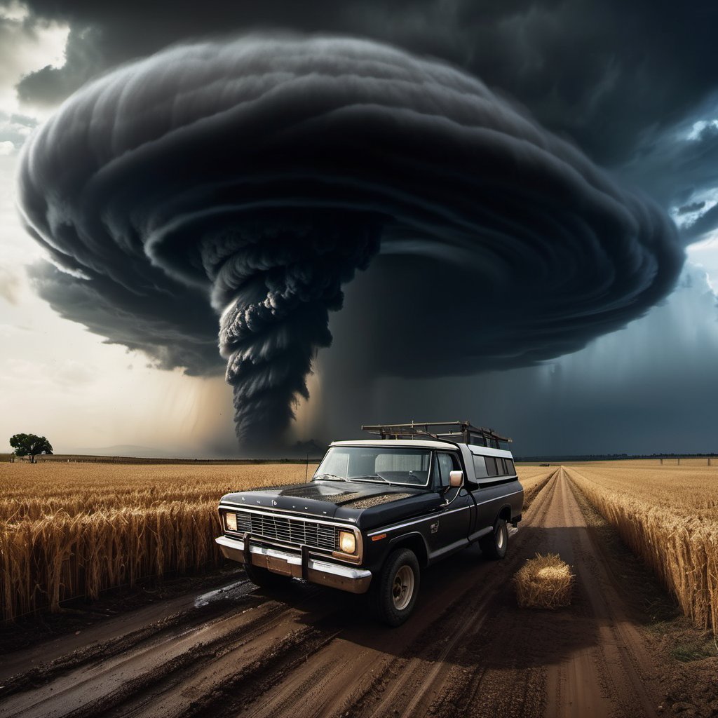 (((broken farmer car are running away form a black giant tornado))), ((perfect anatomy)), (detailed background), high_resolution, ((masterpiece)), cinematic photo raw photo 4k gopro4 shot, ultra detailed, realistic, photo realistic, professional photo shooting, highly detailed, ((overcast sky)), strong wind, flying debris, flying small piece of glass scatter around, A dramatic scene, epic angle shot, masterpiece, realistic, highres, night_sky, Hollywood style,