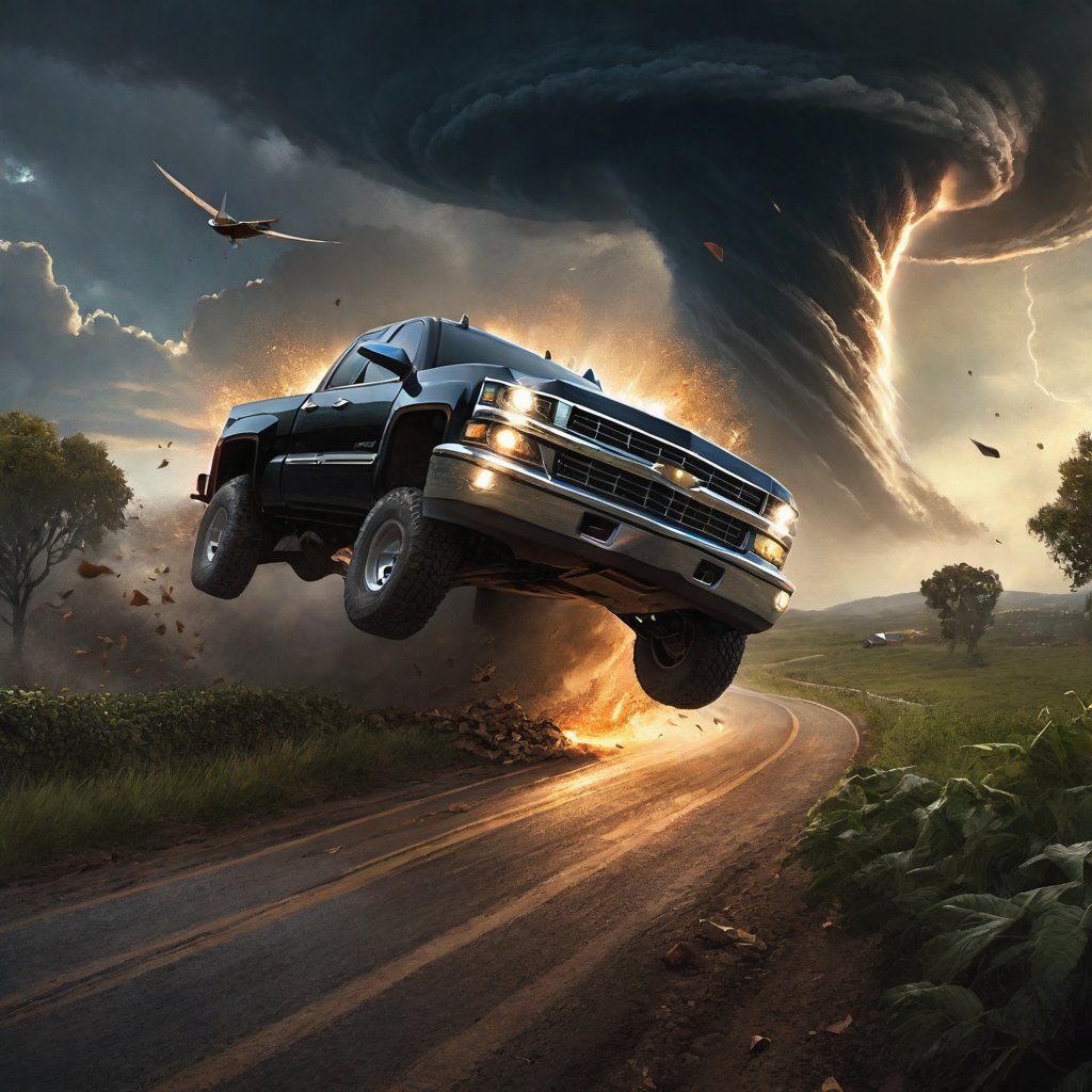 (((the farm chevy speeding down the winding road escapes from a giant black tornado))), ((perfect anatomy)), (detailed background), high_resolution, ((masterpiece)), cinematic photo raw photo 4k gopro4 shot, ultra detailed, realistic, photo realistic, professional photo shooting, highly detailed, ((overcast sky)), strong wind, flying debris(((leaf,vegetation,piece of woods))), flying small piece of rock scatter around, A dramatic scene, masterpiece, realistic, highres, dark, night_sky, Hollywood style,greg rutkowski