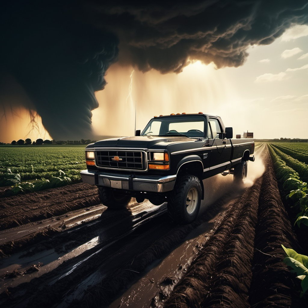 (((farmer car are running away form a black giant tornado))), ((perfect anatomy)), (detailed background), high_resolution, ((masterpiece)), cinematic photo raw photo 4k gopro4 shot, ultra detailed, realistic, photo realistic, professional photo shooting, highly detailed, ((overcast sky)), strong wind, flying debris, flying small piece of glass scatter around, A dramatic scene, epic angle shot, masterpiece, realistic, highres, night_sky, Hollywood style,