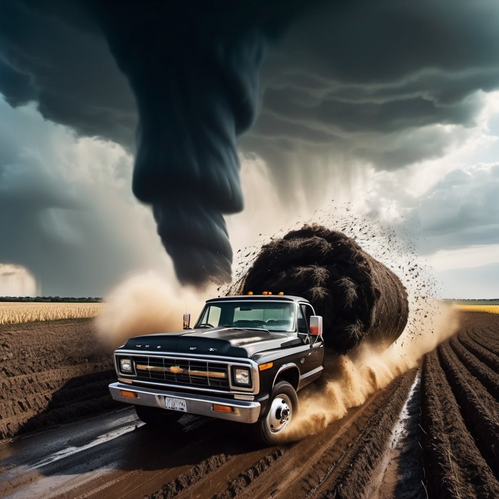 (((farmer car are running away form a black giant tornado))), ((perfect anatomy)), (detailed background), high_resolution, ((masterpiece)), cinematic photo raw photo 4k gopro4 shot, ultra detailed, realistic, photo realistic, professional photo shooting, highly detailed, ((overcast sky)), strong wind, flying debris, debris scatter around, action scene, Hollywood style,