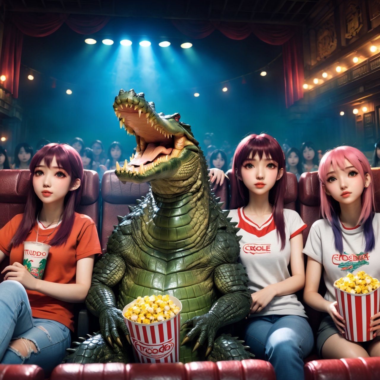 (Anime-style:1.3), wide_shot, cinematic, ultra high definition, hyper realistic, high detailed, 8K, (masterpiece, best quality), 1 man, 4 girls, a (((humanoid crocodile, wearing tuxido))), and (4 sexy tattooed girls), watching a movie, in the cinema, while eating popcorn, together, having fun, realhands, four fingers, milokk,
