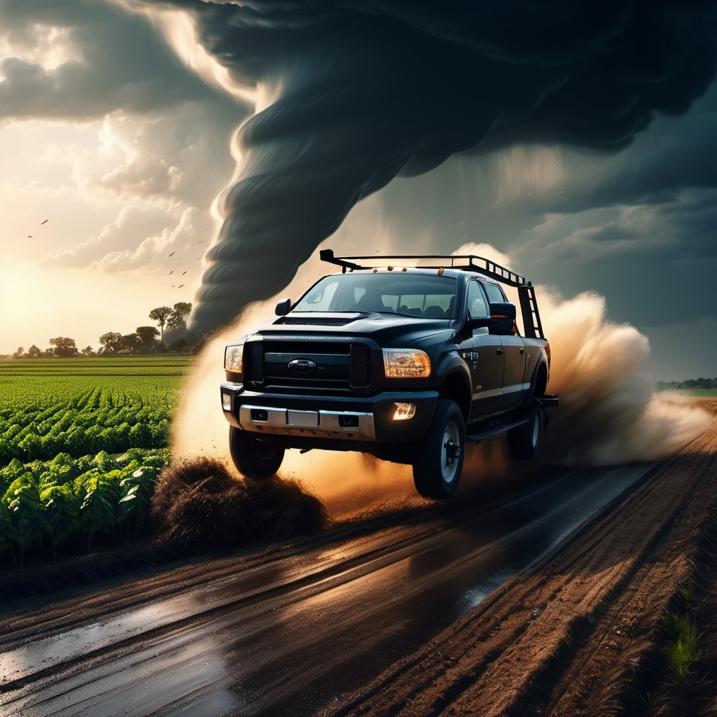 (((farmer car are running away form a black giant tornado))), ((perfect anatomy)), (detailed background), high_resolution, ((masterpiece)), cinematic photo raw photo 4k gopro4 shot, ultra detailed, realistic, photo realistic, professional photo shooting, highly detailed, ((overcast sky)), strong wind, flying debris, flying small piece of glass scatter around, A dramatic scene, epic angle shot, masterpiece, realistic, highres, night_sky, Hollywood style,