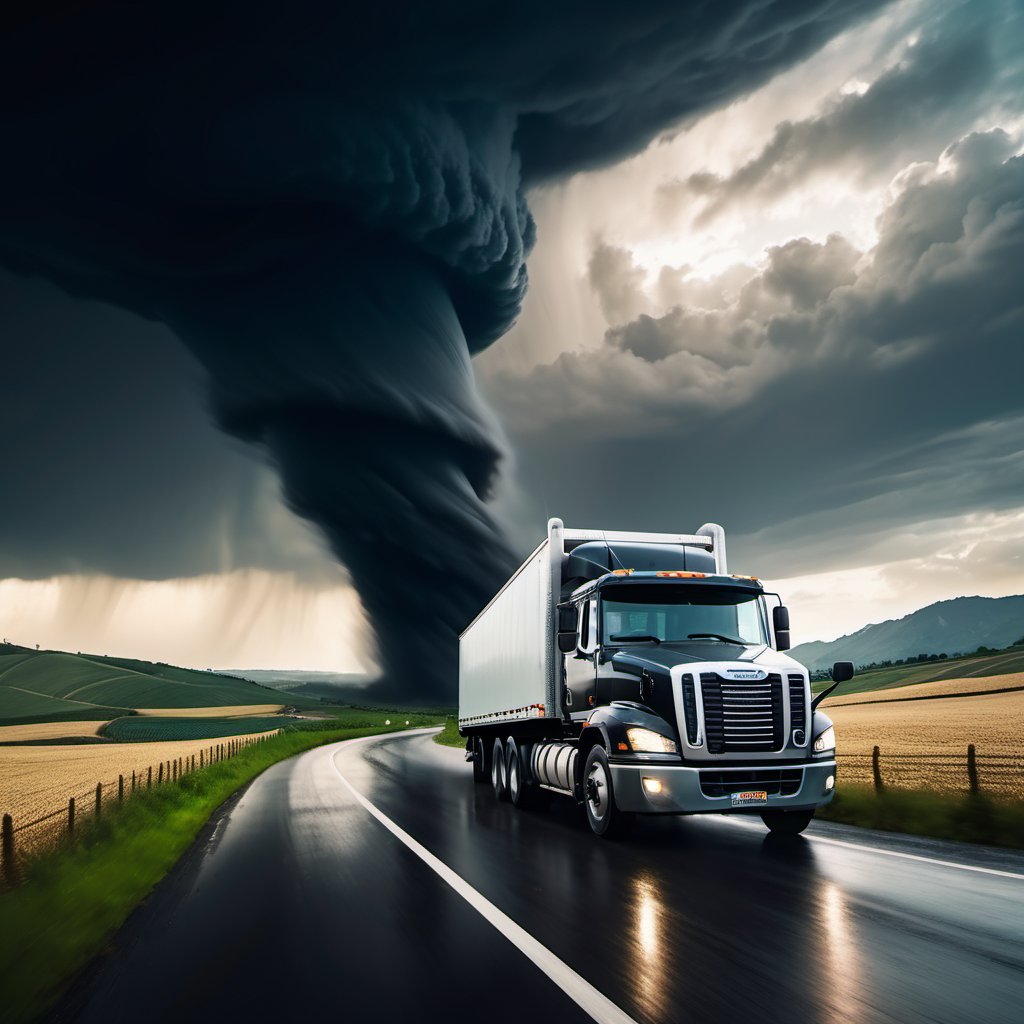 (((the badas farmers small truck speeding down the winding road escapes forming a giant black tornado))), ((perfect anatomy)), (detailed background), high_resolution, ((masterpiece)), cinematic photo raw photo 4k gopro4 shot, ultra detailed, realistic, photo realistic, professional photo shooting, highly detailed, ((overcast sky)), strong wind, flying debris, flying small piece of glass scatter around, A dramatic scene, epic angle shot, masterpiece, realistic, highres, dark, night_sky, Hollywood style,