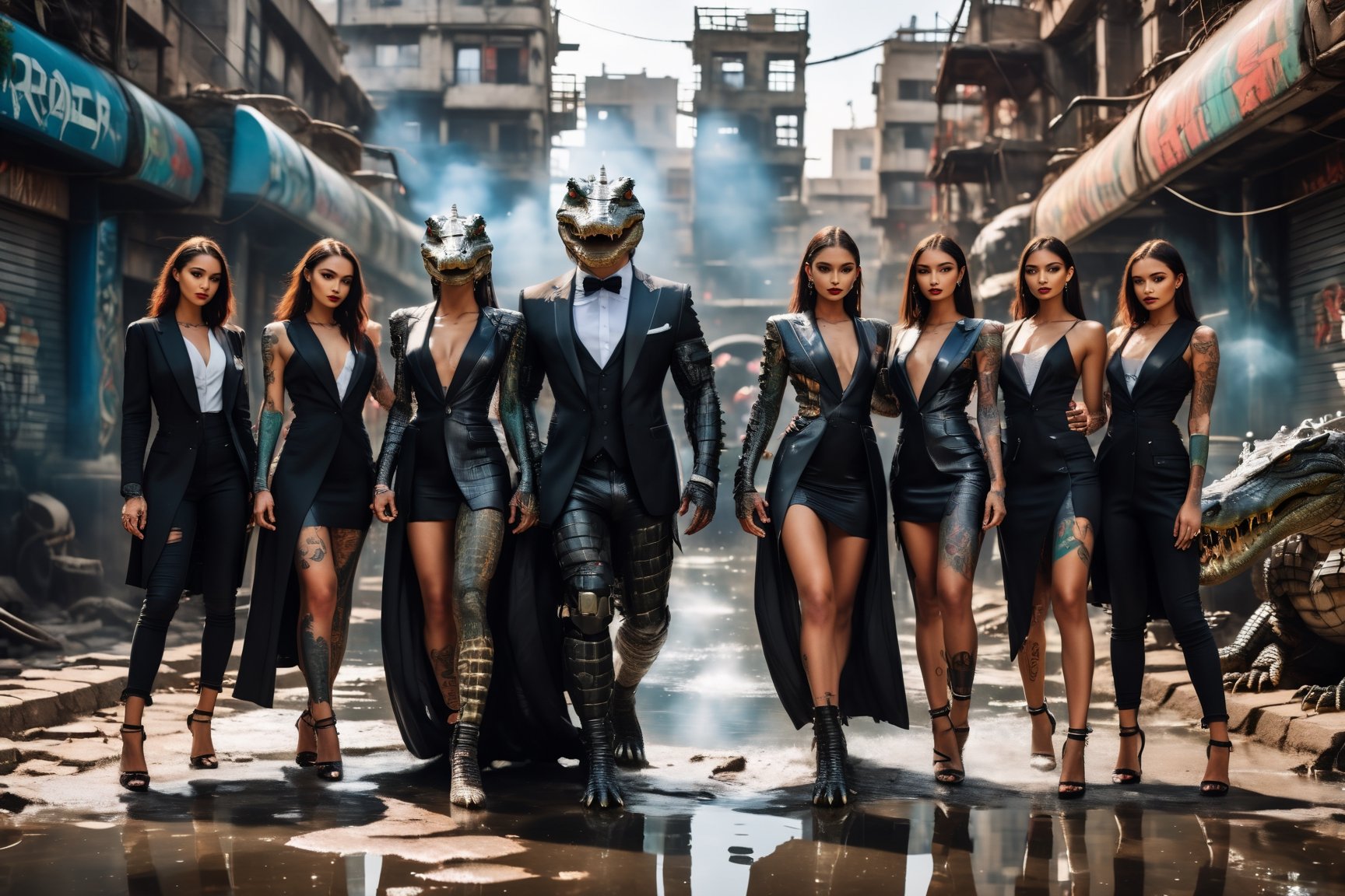 wide shot. dynamic pose, 1 cyborg black nile crocodile, futuristic tuxedo suit, hug by a group of beutiful tattooed girls wearing dress and jeans, city alleys background, detailmaster2,cyborg style, detailmaster2, only girls,