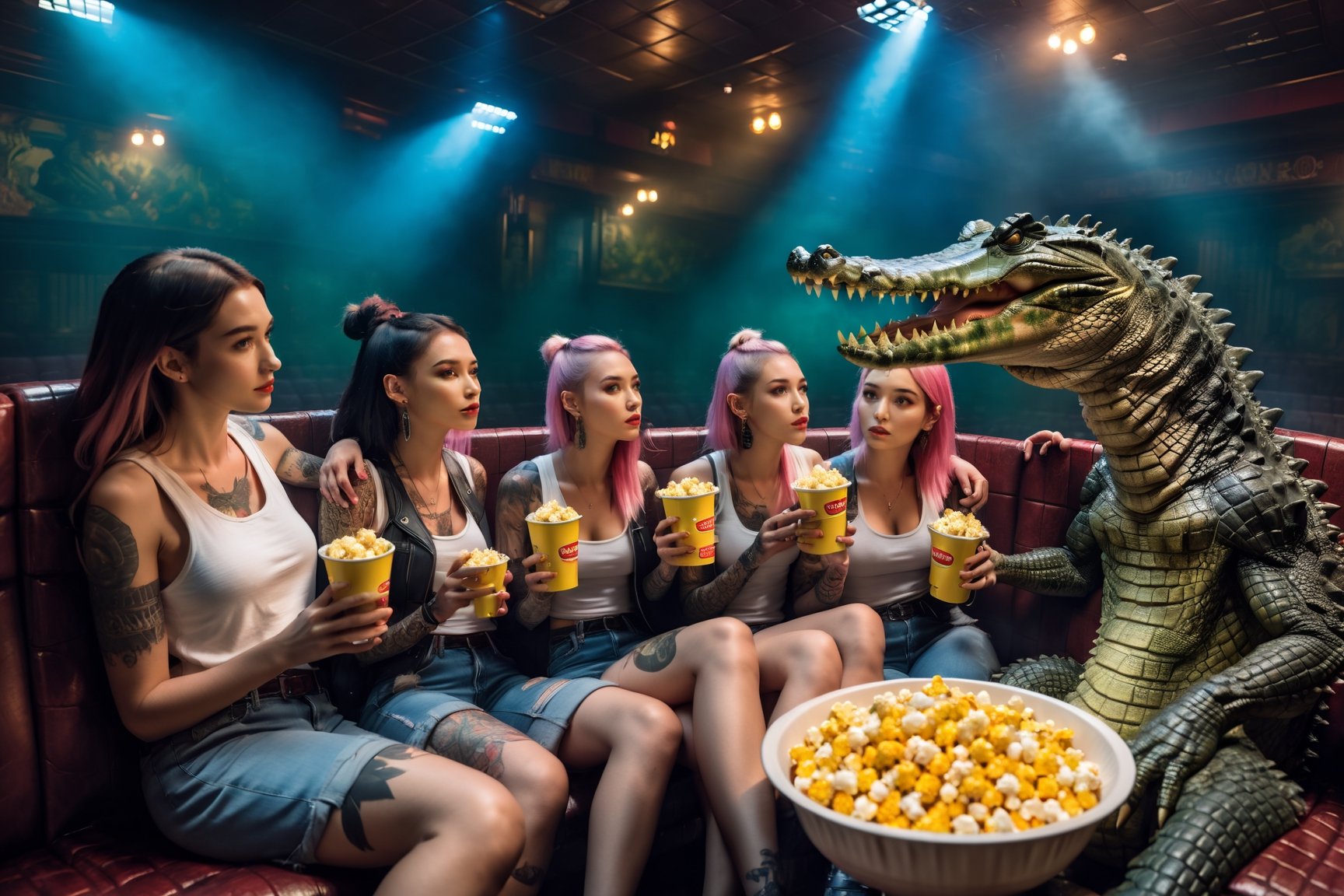 wide_shot, cinematic, ultra high definition, hyper realistic, high detailed, 8K, (masterpiece, best quality), 1 man, 4 girls, a (((humanoid crocodile body, wearing tuxido))), and (4 sexy tattooed girls), watching a movie, in the cinema, while eating popcorn, together, having fun, realhands, four fingers, milokk,
