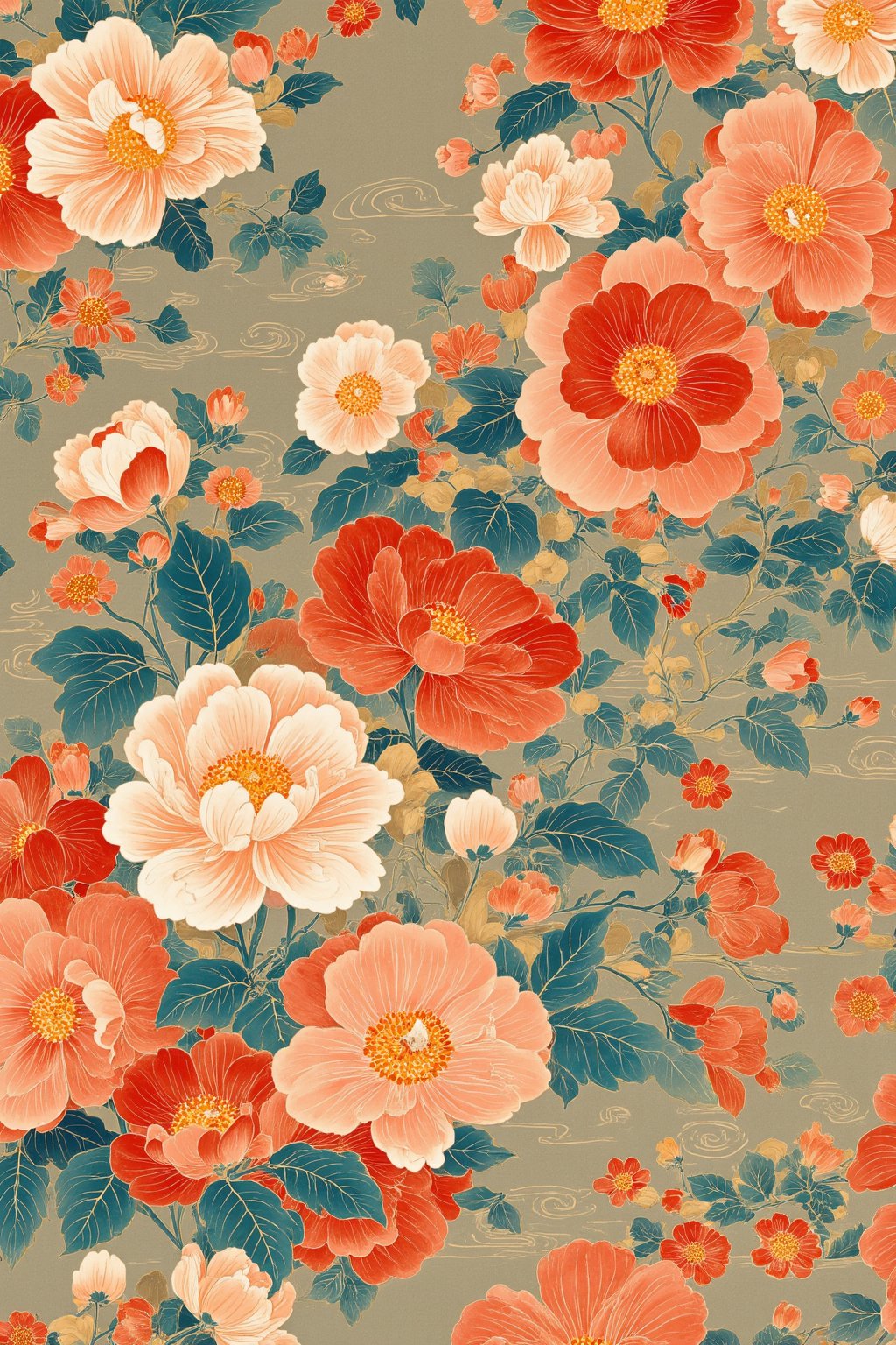  a close up of a wallpaper with flowers and leaves, oriental wallpaper, chinoiserie pattern, qing dynasty, inspired by Yun Shouping, ornate floral, traditional chinese textures, inspired by Lu Guang, flowery wallpaper, traditional chinese art, chinese art, textile print, by Li Keran, beautiful wallpaper, chinoiserie wallpaper, trending wallpaper, traditional chinese