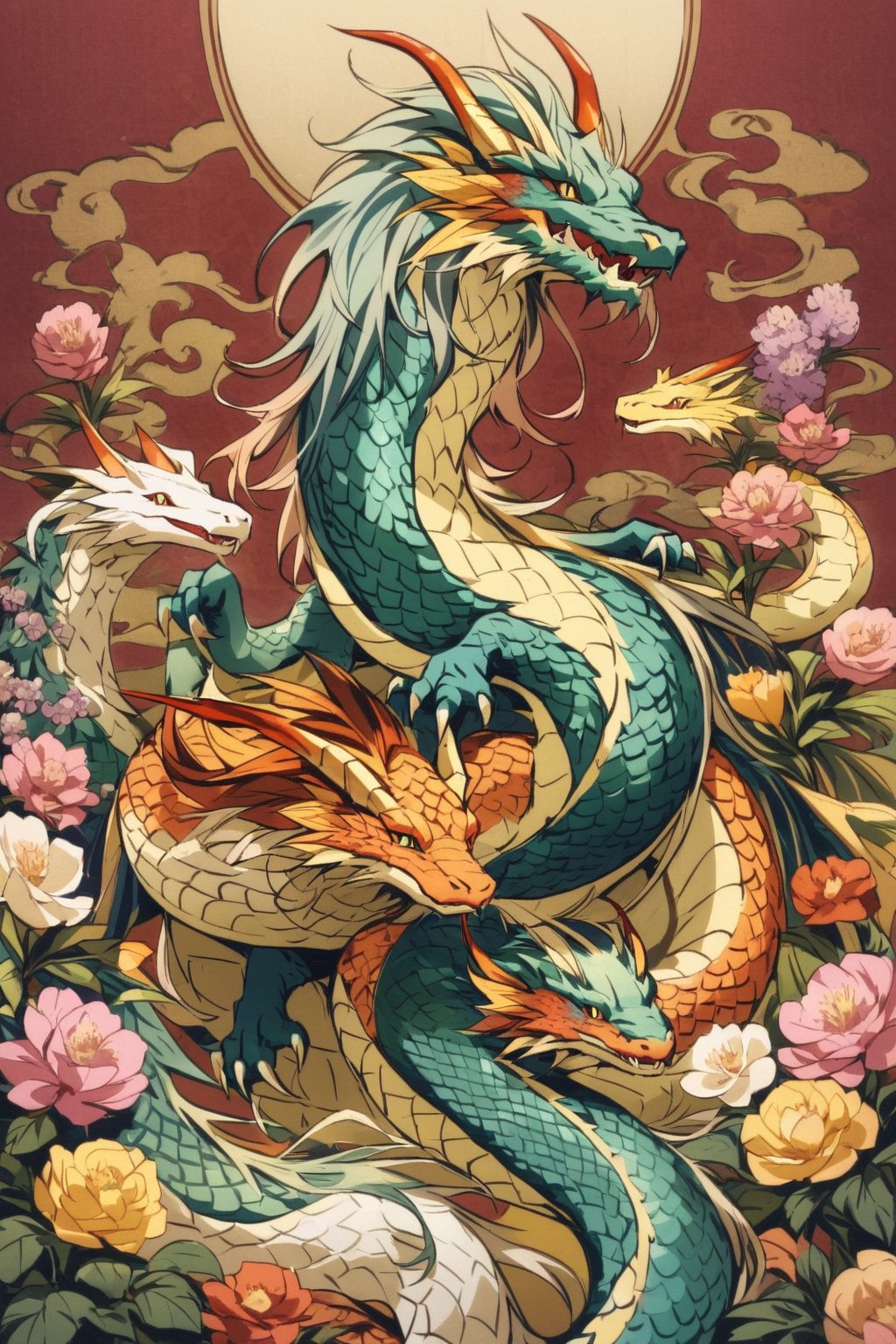 a chinease dragon surrounded by flowers, the dragon has a long body akin to a snake, his long body curls forming a elegan image, the dragon skin is scaled, the dragon has a beautiful color, the dragon has horns, (elegant),traditional chinease image aesthetic,mytological creature