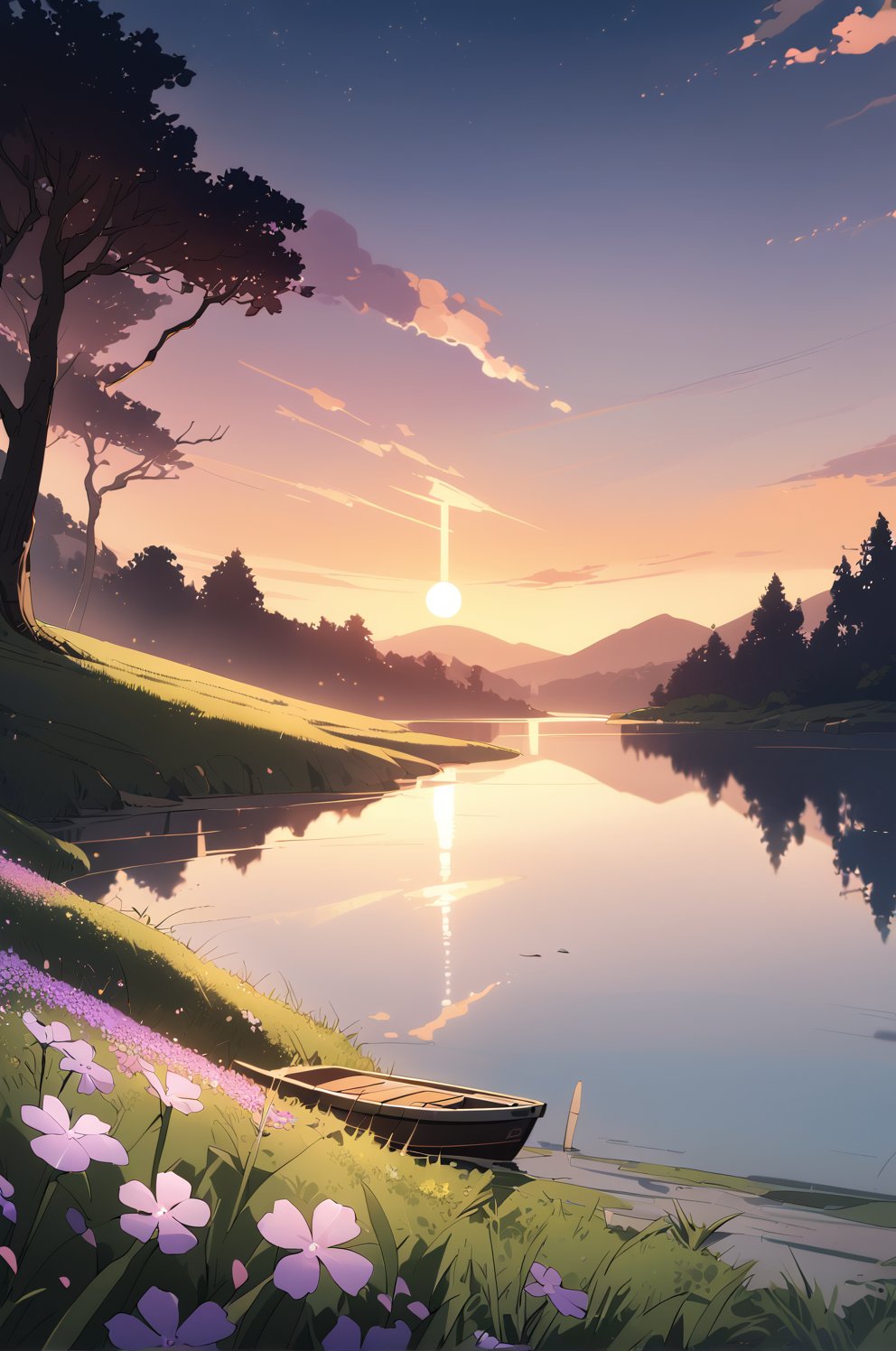 detailed background,( Calm spring night landscape), amongst lush greenery, beautiful view, creeping phlox in full bloom, creeping phlox, early morning, sunrise sky, beautiful clouds, dappled sunlight, outdoor seating, one lamp, Tranquil Lake, Boat on a Lake, depth of field, masterpiece, best quality, ultra-detailed, very aesthetic, illustration, perfect composition, intricate details, absurdres, moody lighting, wisps of light, no humans,