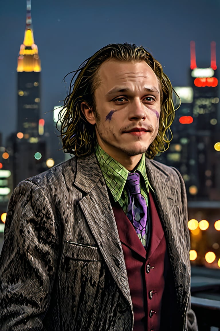 Heath Ledger as the Joker in a dramatic pose, illuminated by a faint moonlight, with the Gotham City skyline in the background. His eyes gleam with maniacal intensity, as he revels in chaos and anarchy. The darkness of the night complements his dark humor, setting the tone for a city on the brink of collapse.(Magnificent sharpness highest level detailed quality:1.2 ), (extremely detailed 8K effects detailed :1.6 ) (extremely detailed_detail:1.5) (high pixel detail quality, sharp quality) 
(excellent sharp edges:1.5)
(Magnificent sharpness highest level detailed quality:1.3), (extremely detailed 8K effects detailed ) (extremely detailed_detail) 
(highest level detailed quality)!(excellent quality detailed:1.5)! 
(out of focus details:1)
 (masterpiece:1.3), (best quality:1.3), (ultra high resolution:0.9) (hd +:0.8 ) (high definition image :1.5)  (auto adjust detail_details:0.8) 