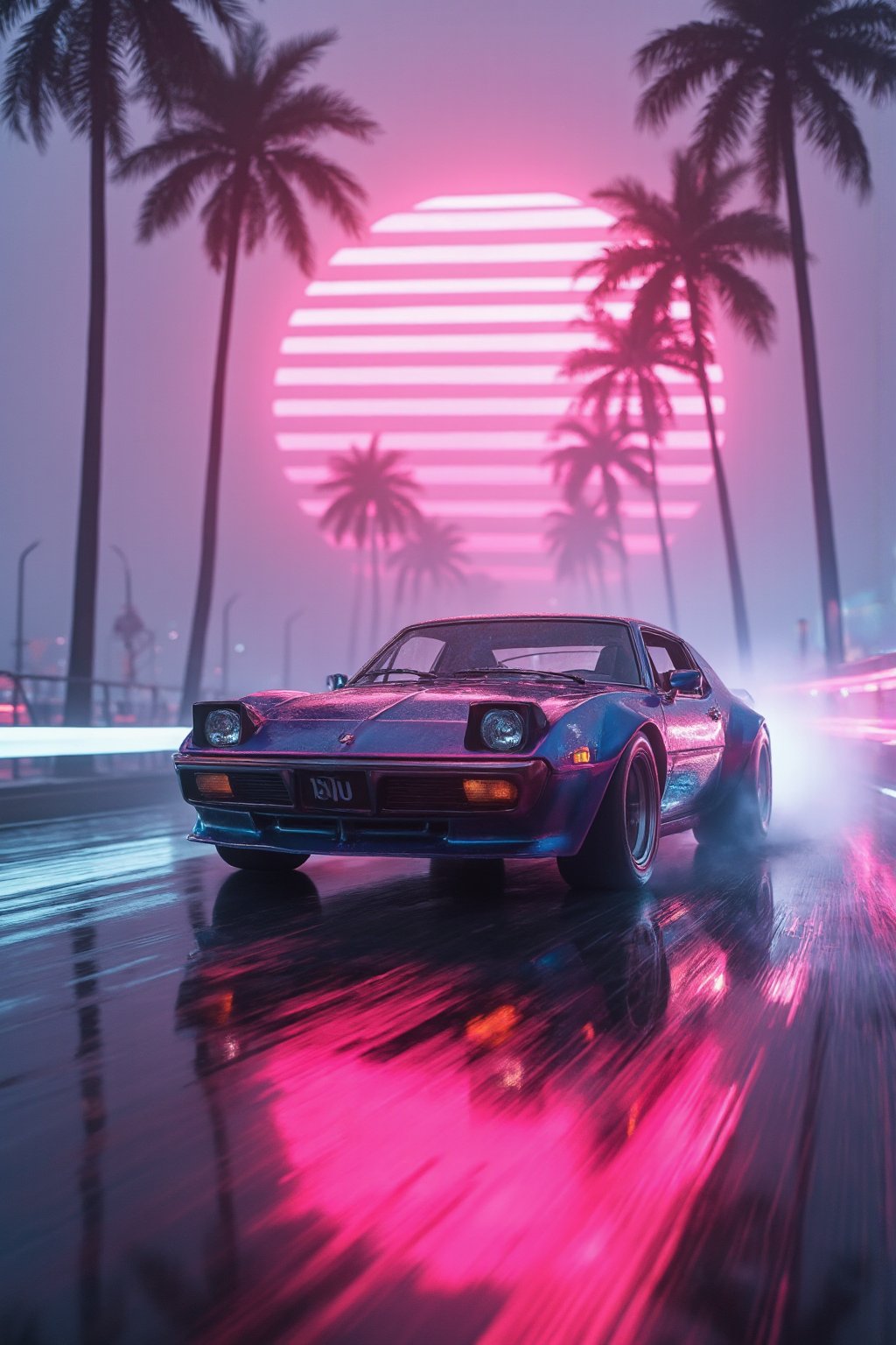 cinematic film still 80s synthwave, retro-futuristic, a classic 1980s sports car speeding around a neon-lit curve on a highway, with glowing palm trees lining the road. The scene is captured from a low-angle shot, emphasizing the sleek design and vibrant colors of the car, reflecting off the wet asphalt. The background features a neon sunset with horizontal lines, characteristic of the synthwave aesthetic, in vivid hues of pink, purple, and blue. The image is highly detailed with dramatic lighting, creating a sense of speed and motion. The artwork has a vaporwave vibe, combining retro and futuristic elements with bold, electric colors and a minimalist, sticker-like style on a white background. The atmosphere is surreal and cinematic, with sharp contrasts and intense glow effects, reminiscent of 80s digital art. This 3D render, illustration, is crafted with high resolution, capturing the essence of a synthwave cityscape in extreme detail and dynamic composition. 8k resolution with a focus on vibrant neon and striking details, evoking a nostalgic yet futuristic feel. , cyberpunk, anime,  . shallow depth of field, vignette, highly detailed, high budget, bokeh, cinemascope, moody, epic, gorgeous, film grain, grainy