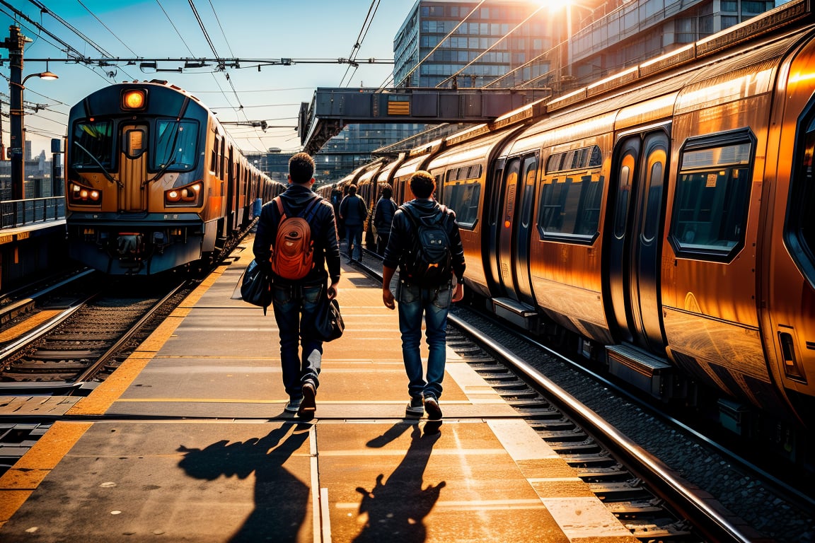 busy urban train platform during golden hour, sunlight casting deep orange shadows while multiple commuters are silhouetted against bright, warm light, captures the rush and transient nature of city life, vibrant colors reflecting from polished surfaces and fleeting interactions --ar 9:16 --style raw