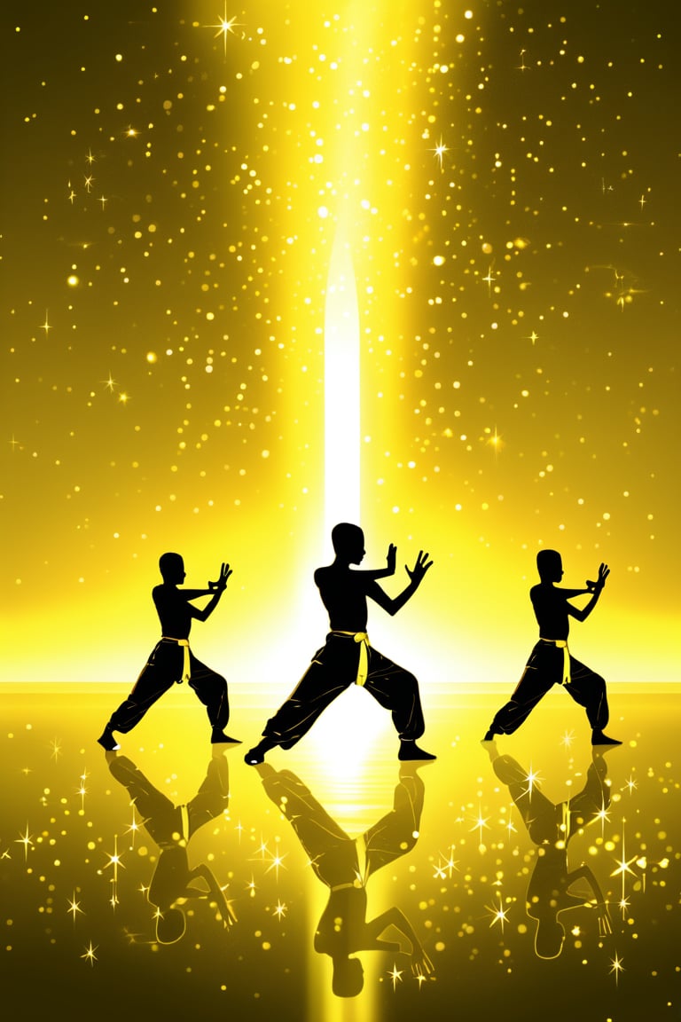 Yellow fluorescent art, Shaolin monks doing kung fu, the background is the image emitting golden light, white silhouette, ethereal feeling, artistic sense, surrounded by stars