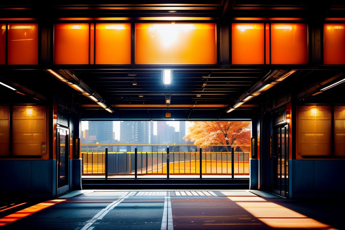 busy urban train platform during golden hour, sunlight casting deep orange shadows while multiple commuters are silhouetted against bright, warm light, front of a door, with autumn leaves falling all around her, flowers on the ground, trees, doors, and windows, creating an atmosphere filled with warm colors. In the style of Pixar, with high definition, detailed depiction, wide-angle lens, soft lighting, static movements, lively --ar 65:128 --stylize 750, captures the rush and transient nature of city life, vibrant colors reflecting from polished surfaces and fleeting interactions --ar 9:16 --style raw