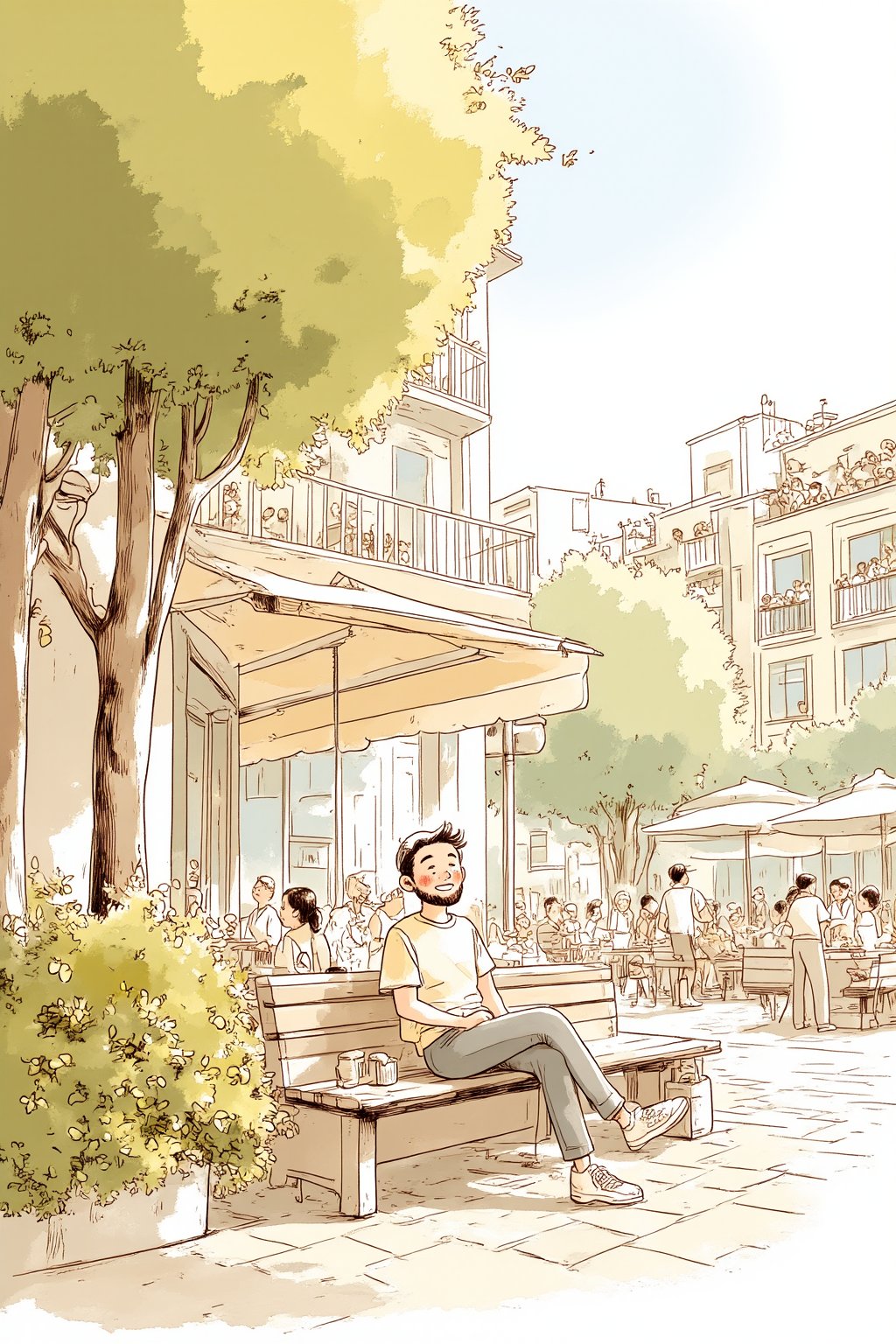 A whimsical line drawing transitions to a vibrant college campus scene, where a lively 1 male man, 24yo boy with beard glasses,upper body portrait sits on a bench outside a bustling café., stylish baseball cap The central figure is surrounded by lush greenery and students chatting in the morning air. The camera uses a 35mm f/2.0 wide-angle lens capturing the playful texture through crisp lines and youthful color blocks.