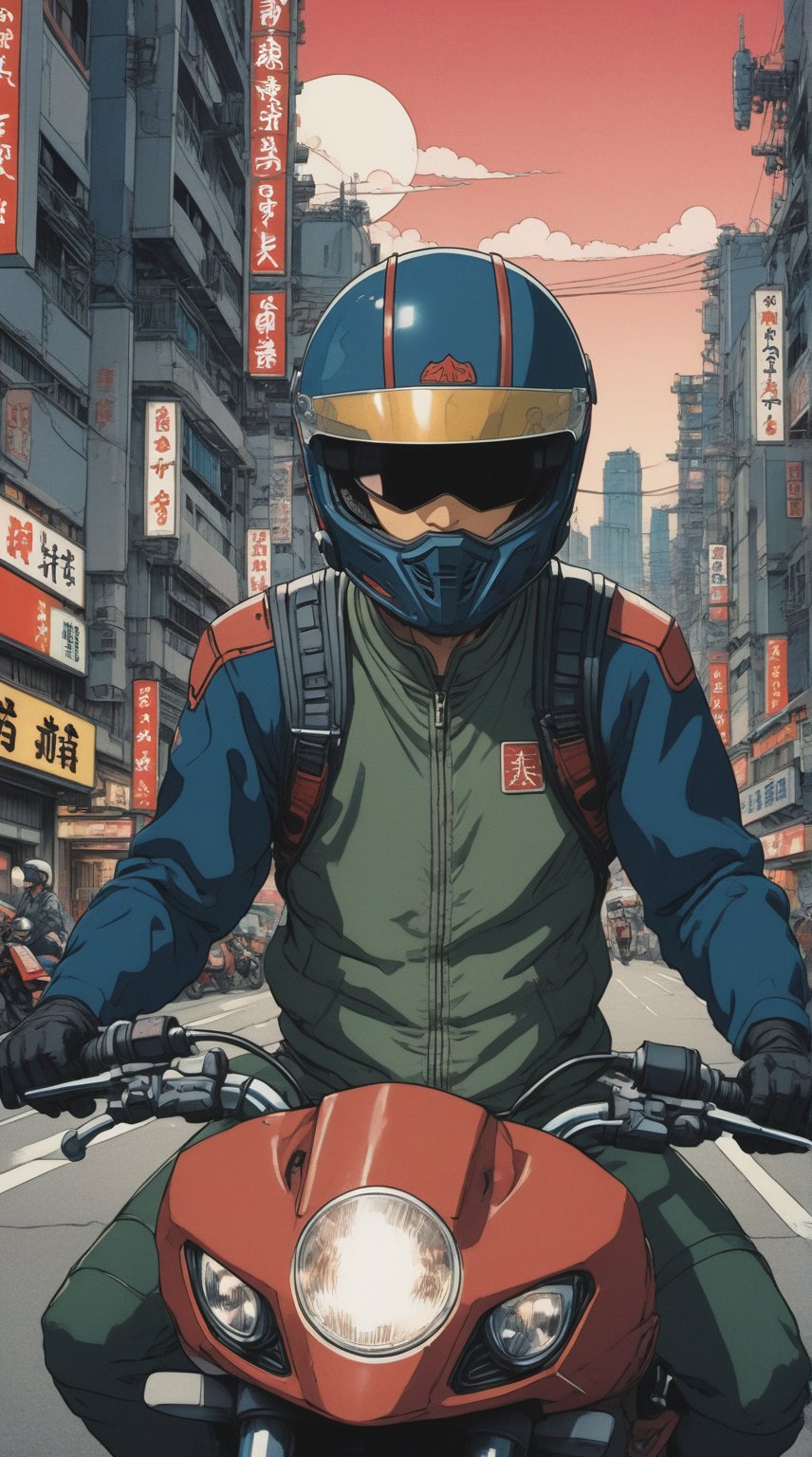 Surrealism, Ukiyo-e art style, a man wearing helmet, riding motorcycle in the city of neotokyo, akira anime style, 80's anime style, retrofuture