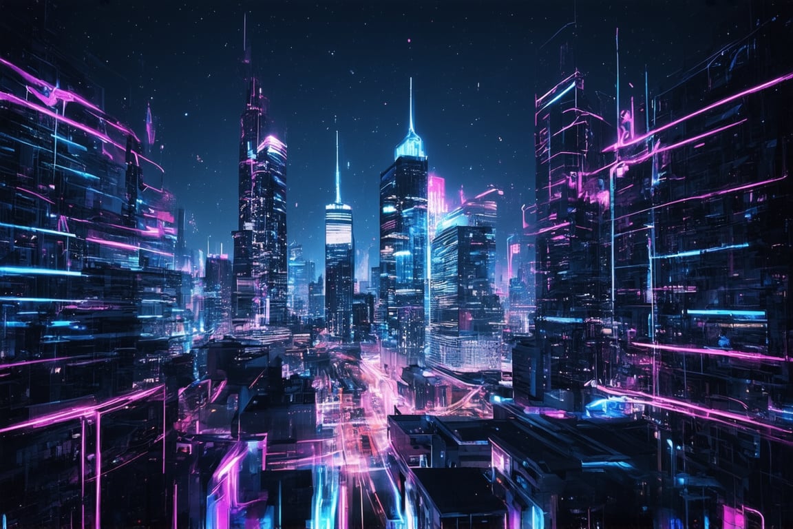 This eye-catching digital artwork features a neon-lit city skyline in wire form with a futuristic background. The black space serves as a canvas for the glowing blue and purple lights that seem to pulse along the building, giving the work a sense of movement and energy. The contrast between the illuminated areas and the dark background creates a striking visual effect and emphasizes the elegance of the skyliner. This work demonstrates the artist's ability to combine traditional art techniques with digital technology, resulting in a stunning holographic style image that captivates the viewer. ,  <lora:FluxDFaeTasticDetails.safetensors:0.8, <lora:glowing_flux.safetensors:0.8(Magnificent sharpness highest level detailed quality:1.2 ), (extremely detailed 8K effects detailed :1.6 ) (extremely detailed_detail:1.5) (high pixel detail quality, sharp quality) 
(excellent sharp edges:1.5)
(Magnificent sharpness highest level detailed quality:1.3), (extremely detailed 8K effects detailed ) (extremely detailed_detail) 
(highest level detailed quality)!(excellent quality detailed:1.5)! 
(out of focus details:1)
 (masterpiece:1.3), (best quality:1.3), (ultra high resolution:0.9) (hd +:0.8 ) (high definition image :1.5)  (auto adjust detail_details:0.8) 