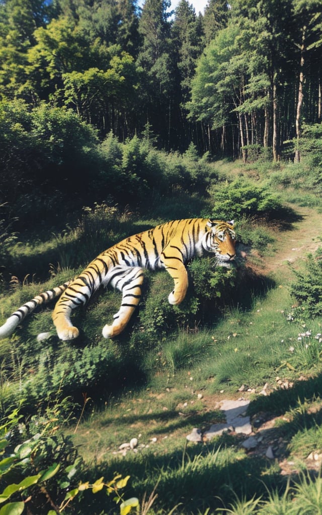 Tiger taking a nap while lying on a hillside in the forest, woods, black and gold