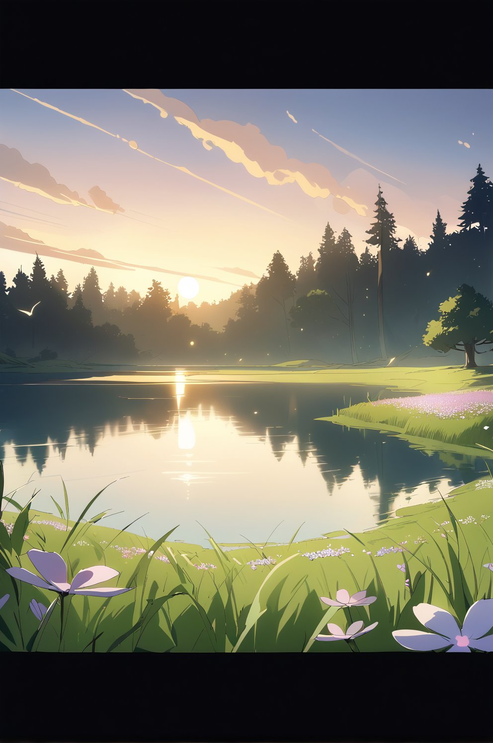 detailed background,( Calm spring night landscape), amongst lush greenery, beautiful view, creeping phlox in full bloom, creeping phlox, early morning, sunrise sky, beautiful clouds, dappled sunlight, outdoor seating, one lamp, Tranquil Lake, Boat on a Lake, depth of field, masterpiece, best quality, ultra-detailed, very aesthetic, illustration, perfect composition, intricate details, absurdres, moody lighting, wisps of light, no humans,