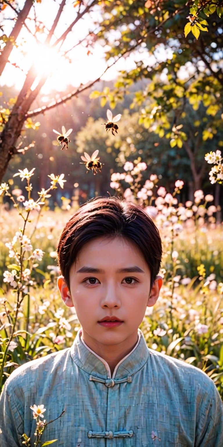 1boy male man solo, The hero plays with bees and butterflies in the garden, and the camera uses slow motion and bright colors to capture he's beautiful moments of close contact with nature.