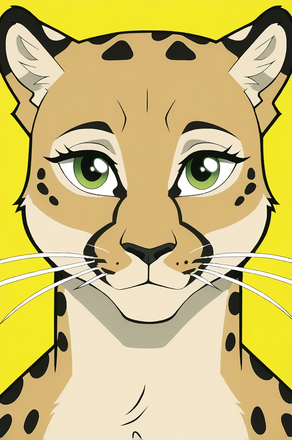 illustration, vector cartoon-style, cute cheetah's face, zoom in, expressive eyes and a playful demeanor, thick outlines, rounded features and a youthful appearance, solid vibrant yellow background, cheetah's fur should be rich golden with distinct black spots, slight smile and whiskers to enhance --ar 9:16 --style raw --stylize 500 --v 6