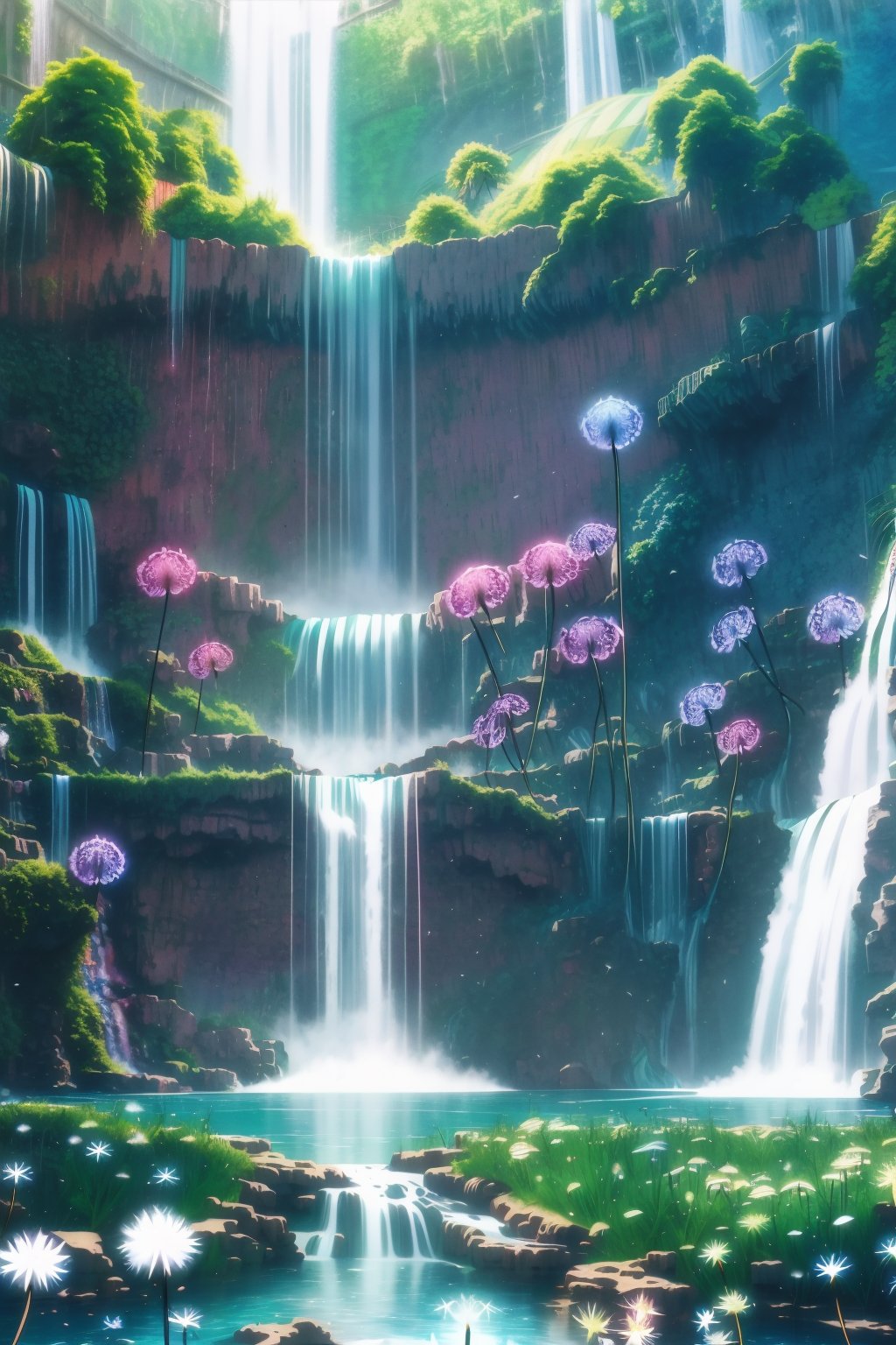 No human, [lora:MythAnim3Style:0.8] , MythAn1m3, source_anime, score_9, score_8_up, score_7_up, flowerdruid, MythAn1m3, (wings, dandelion, waterfall, :1.3) forest, dappled sunlight, no humans , shine of steel