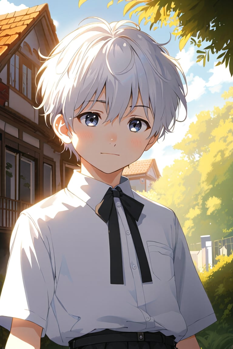 (1boy male man solo :1.7) A very beautiful boy, repulce cute outfit (white blouse, black skirt, silver hairpin, masterpiece quality, light particles, mansion in background, looking at viewer, upper body,Anime Style.