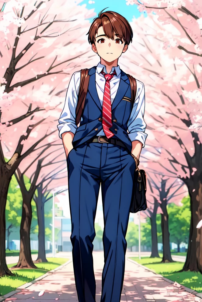 masterpiece, best quality,(1boy :1.7) eyes, brown, choppy bob,envious _face,shiny skin,medium ,nice school uniform, ,necktie,((pencil, pants )),, , Pathway_lined_with_blooming_cherry_blossom_trees,,looking at viewer,from below,full body, ,
