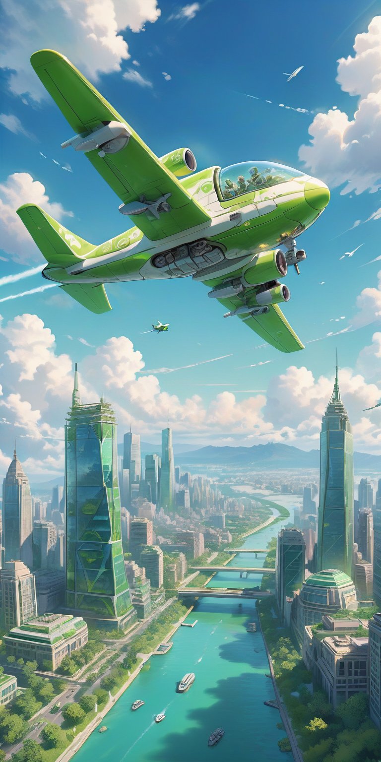 (Under the blue sky and white clouds, the green plane is flying over the city, and the green belt of the city is far below：1.5), masterpiece, extremely detailed, crazy in detail, realistic, full screen, male focus, sky, no humans, glow, sky, sci-fi, brandishing a futuristic submachine gun,