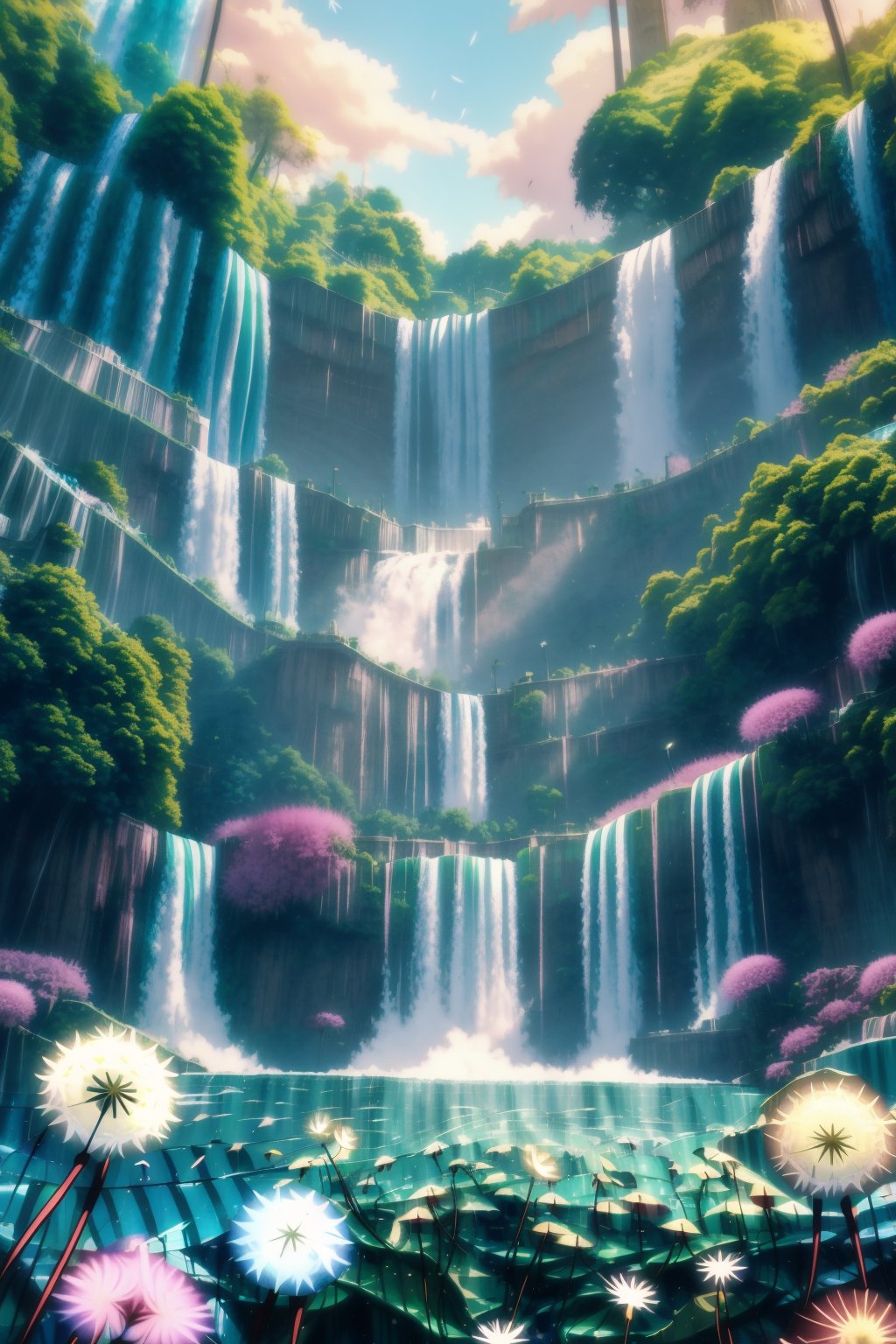 No human, [lora:MythAnim3Style:0.8] , MythAn1m3, source_anime, score_9, score_8_up, score_7_up, flowerdruid, MythAn1m3, (wings, dandelion, waterfall, :1.3) forest, dappled sunlight, no humans , shine of steel