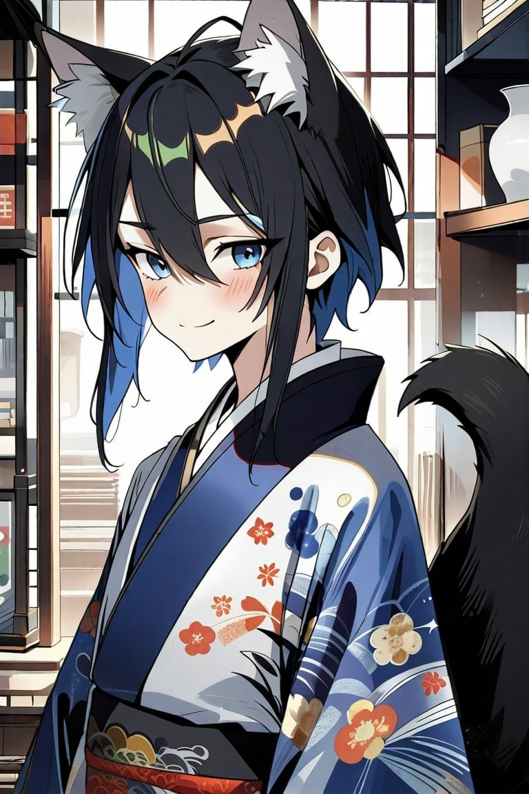 dal-3, (1 male man:1.7) , solo, hair, black hair, animal ears, closed mouth, , japanese  clothes, floral print,round eyebrows,vertical pupil blue eyes,loaded interior,dal-1,dal-27,flat style