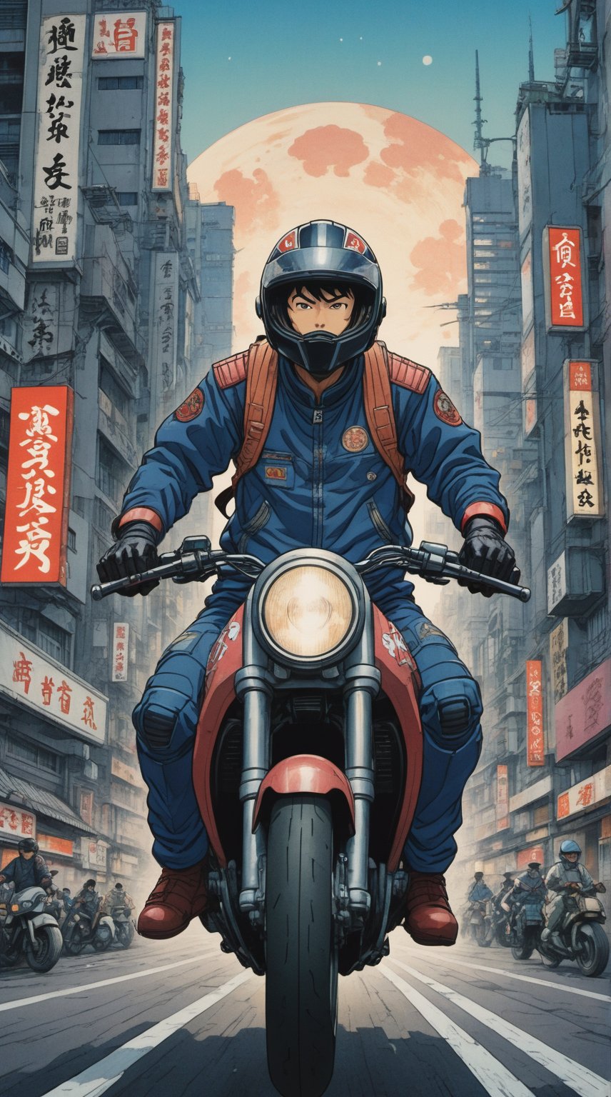 Surrealism, Ukiyo-e art style, a man wearing helmet, riding motorcycle in the city of neotokyo, akira anime style, 80's anime style, retrofuture