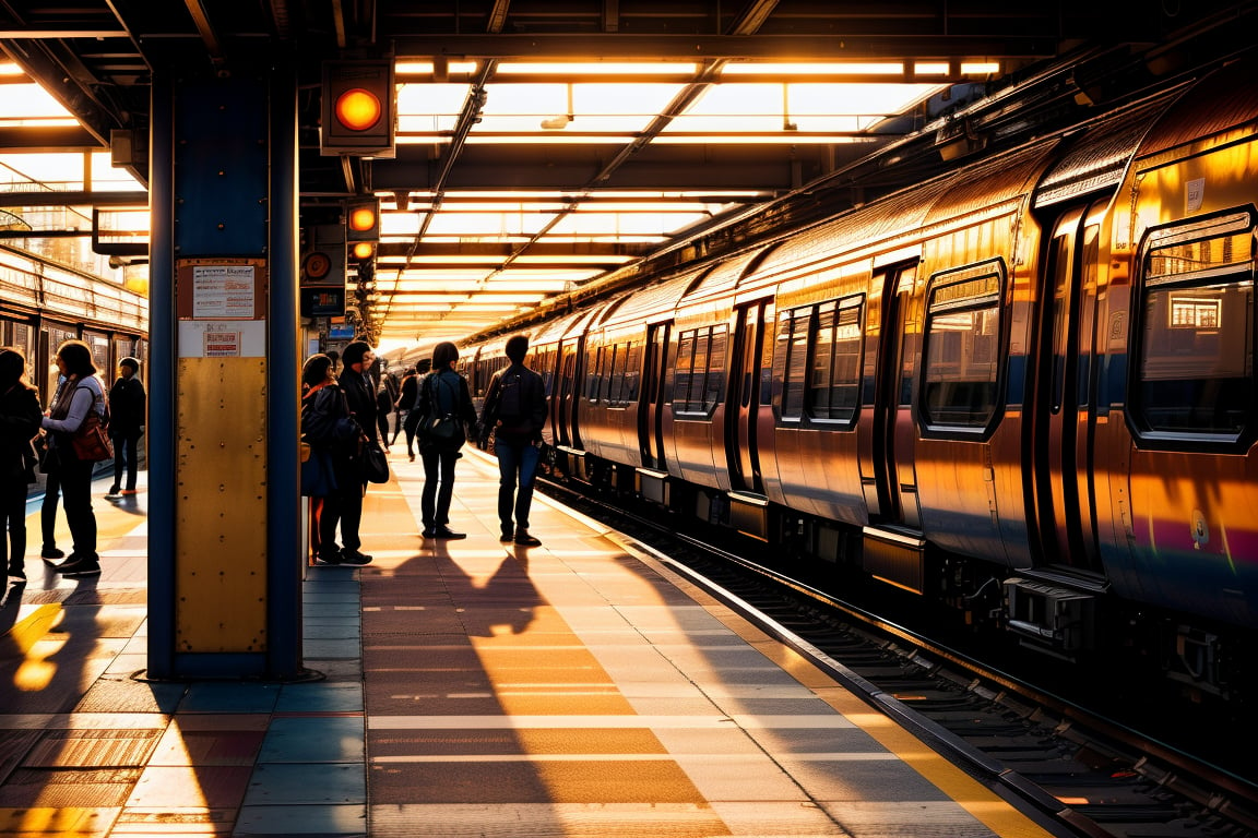 busy urban train platform during golden hour, sunlight casting deep orange shadows while multiple commuters are silhouetted against bright, warm light, captures the rush and transient nature of city life, vibrant colors reflecting from polished surfaces and fleeting interactions --ar 9:16 --style raw