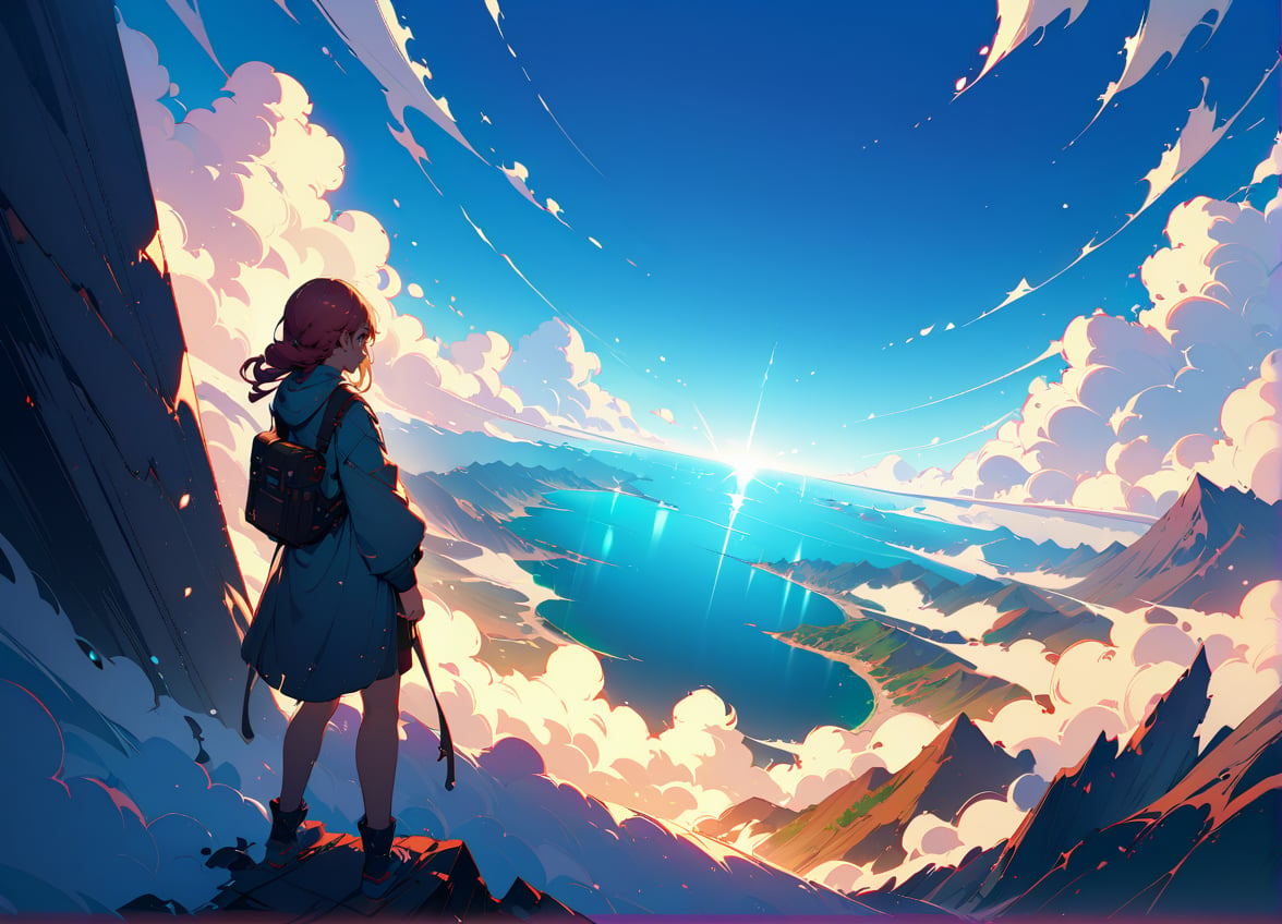 landscape,wide_shot,absurdres,incredibly absurdres,huge filesize,wallpaper,colorful,artbook,game cg,((art nouveau)),Cinematic Lighting,available light,realistic,photo_(medium),reality,
A girl capturing the moment on her camera while standing on the highest point of Mount Lu, surrounded by the boundless sea of clouds, with a sense of adventure, rugged terrain, warm sunlight filtering through, digital painting, artstation, highly detailed, vibrant colors, trending on outdoor enthusiast platforms., girl, backlight,