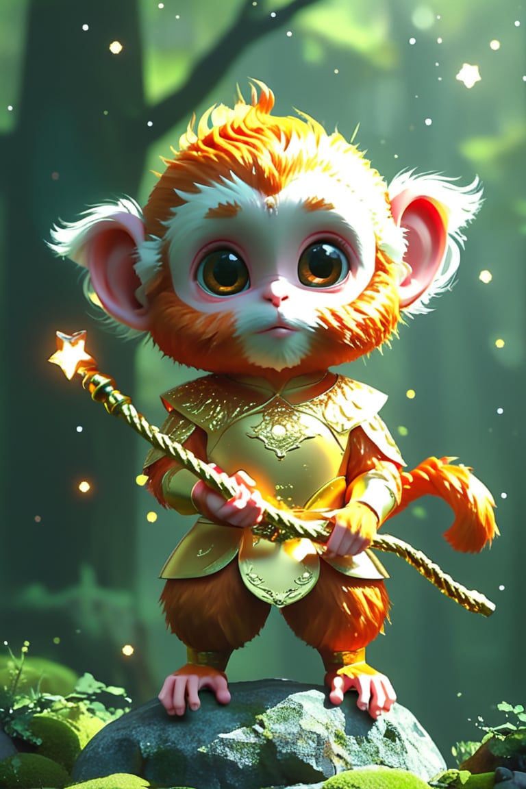 Fluorescent art, sky full of stars, wearing a golden tight hoop, cute monkey king cartoon character from "Journey to the West", holding his golden stick in hand, standing on a rock, surrounded by moss. The background is a forest scene, rendered using 3D rendering software. It has big eyes, bright colors, soft light, high resolution and a cinematic feel. Pixar style. Felt material, Disney style.(Magnificent sharpness highest level detailed quality:1.2 ), (extremely detailed 8K effects detailed :1.6 ) (extremely detailed_detail:1.5) (high pixel detail quality, sharp quality) 
(excellent sharp edges:1.5)
(Magnificent sharpness highest level detailed quality:1.3), (extremely detailed 8K effects detailed ) (extremely detailed_detail) 
(highest level detailed quality)!(excellent quality detailed:1.5)! 
(out of focus details:1)
 (masterpiece:1.3), (best quality:1.3), (ultra high resolution:0.9) (hd +:0.8 ) (high definition image :1.5)  (auto adjust detail_details:0.8) 