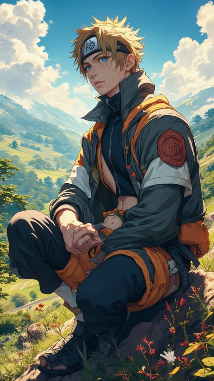 Portrait of Handsome man, sitting on a hill, Naruto style, naruto clothes, anime style 