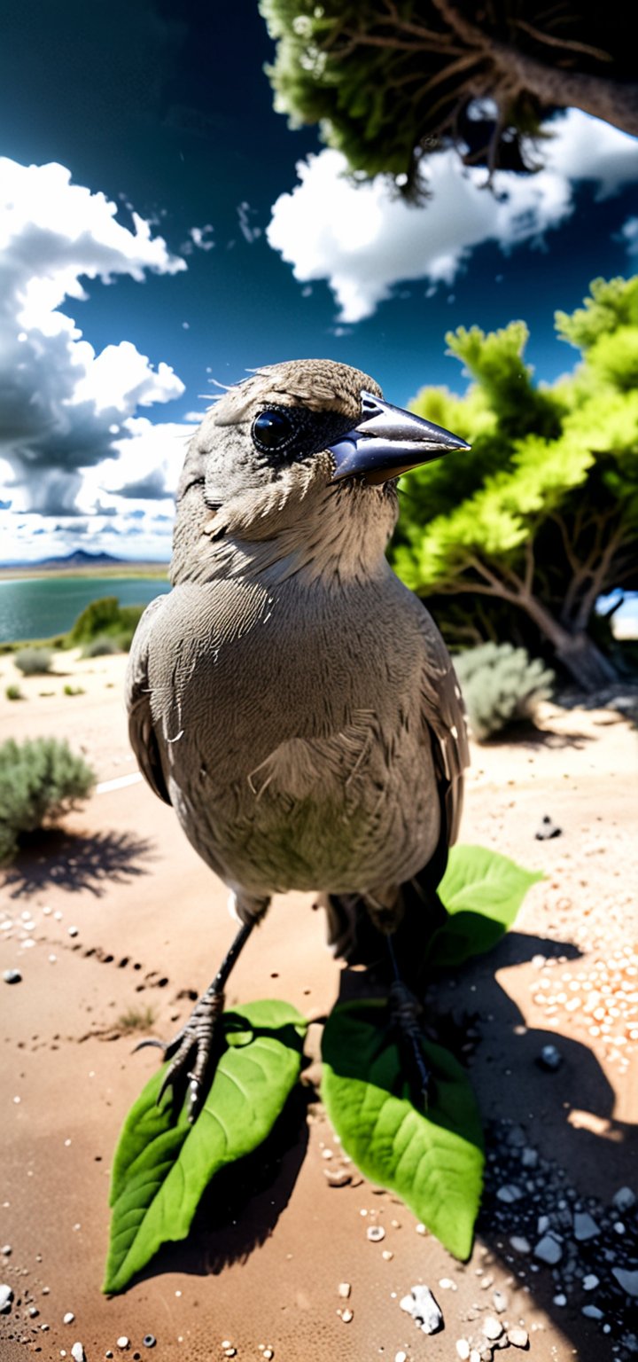 (Fisheye photograph:1.3) of a Grayish Baywing bird. BREAK It's a cute bird about 7 inches long, with (brownish-gray plumage:1.3), (the wings feathers have a reddish-brown tone:1.4). The region between the eyes and nostrils is black, it has black eyes, black legs, (short and stubby black beak:1.4). BREAK (full body shot:1.2), (perched on a bush small branch:1.3), (green steppe with a lagoon in the background:1.3), under direct sunlight, imposing cumulonimbus clouds in the blue sky, creative shadow play, bokeh, BREAK (shot on GoPro Hero:1.4), Fujicolor Pro film, (low-contrast:1.5), in the style of Miko Lagerstedt/Liam Wong/Nan Goldin/Lee Friedlander, BREAK (photorealistic:1.3), vignette, highest quality, detailed and intricate, original shot, gbaywing, more detail XL, no humans(Magnificent sharpness highest level detailed quality:1.2 ), (extremely detailed 8K effects detailed :1.6 ) (extremely detailed_detail:1.5) (high pixel detail quality, sharp quality) 
(excellent sharp edges:1.5)
(Magnificent sharpness highest level detailed quality:1.3), (extremely detailed 8K effects detailed ) (extremely detailed_detail) 
(highest level detailed quality)!(excellent quality detailed:1.5)! 
(out of focus details:1)
 (masterpiece:1.3), (best quality:1.3), (ultra high resolution:0.9) (hd +:0.8 ) (high definition image :1.5)  (auto adjust detail_details:0.8) 