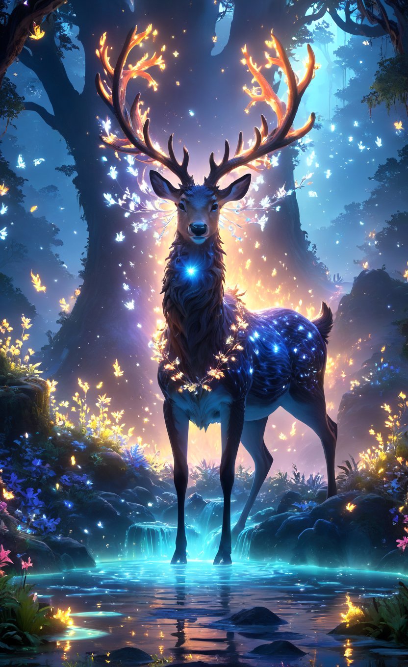 (best illustration), (best shadow), glowing elf with a glowing deer, drinking water in the pool, natural elements in forest theme. Mysterious forest, beautiful forest, nature, surrounded by flowers, delicate leaves and branches surrounded by fireflies (natural elements), (jungle theme), (leaves), (branches), (fireflies), (particle effects) and other 3D, Octane rendering, ray tracing, super detailed ,deer