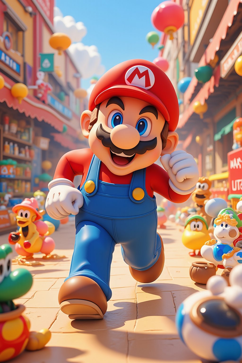 A joyful Super Mario, sporting a bright, beaming smile and a small belly, is in mid-run, his iconic red cap and blue overalls a blur as he dashes across the scene. In a vibrant, Pop Mart-inspired setting, colorful toys and anime-style elements blend seamlessly with 3D-rendered environments, created using Blender and photorealistic rendering at 1.4 resolution. The image is presented in RAW photo quality, with meticulous attention to detail and textures.