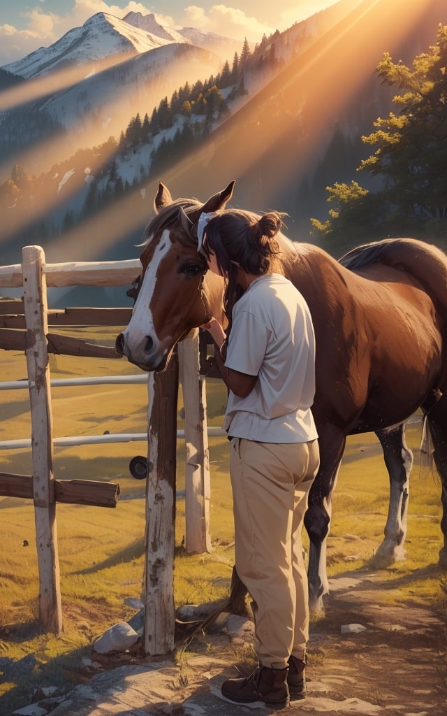 4k, (masterpiece, best quality, highres:1.3), ultra resolution, intricate_details, (hyper detailed, high resolution, best shadows),
1horse standing, 1girl standing facing left and kissing the horses on eyes with tilted_head, gentle and loving_expression, wearing_soft_cotton_tshirt and lower, wooden_fence, mountains, beautiful_scenery, 4k wallpaper, sunshine, sunrays, clouds, blue_sky,fantasy00d